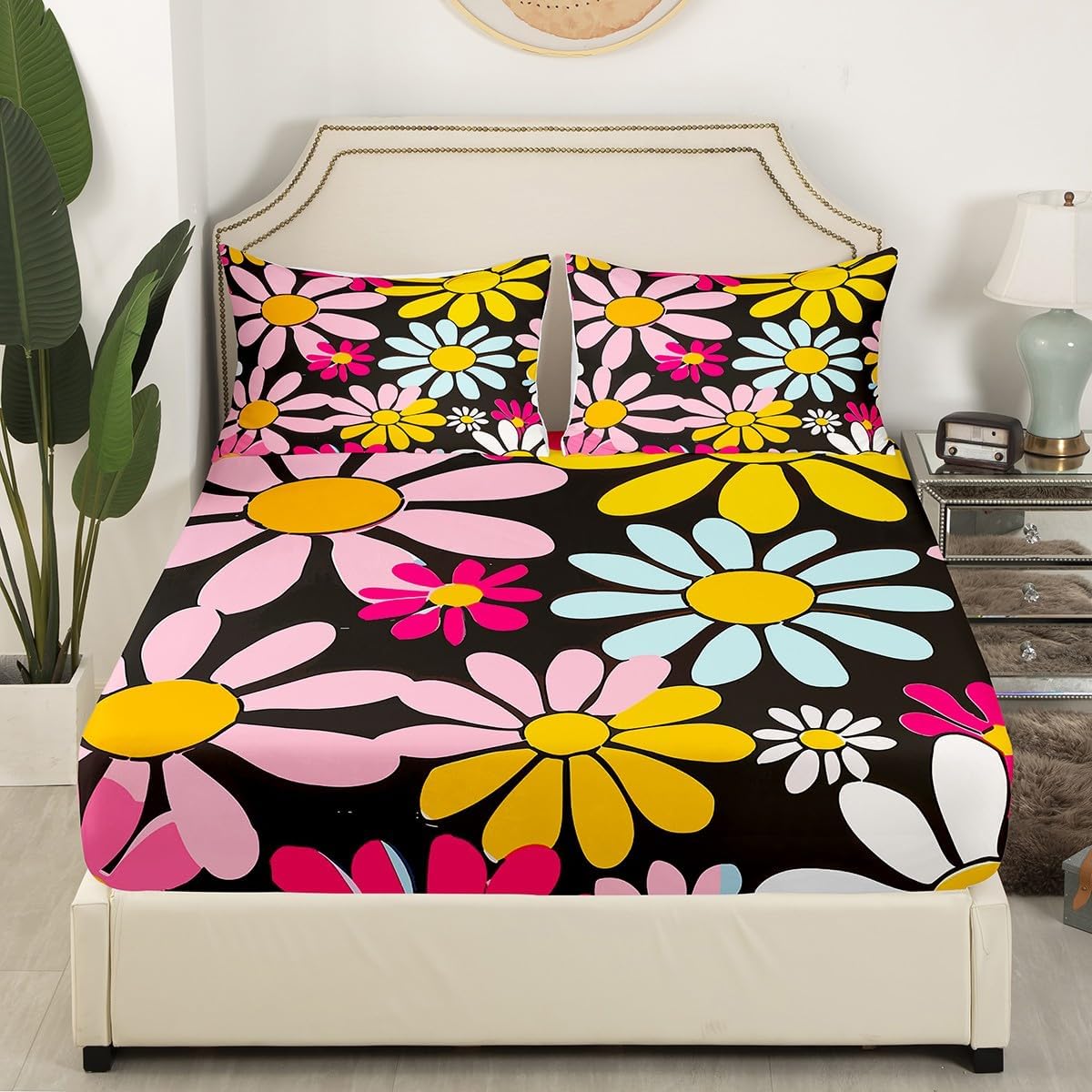 60s 70s Groovy Flower Sheet Set Queen,Hippie Funky Flower Bed Sheets for Kids Boys Girls,Rainbow Vintage Floral Bedding Set Bedroom Decor,Bohemia Cartoon Art Fitted Sheet + Flat Sheet + 2 Pillowcases