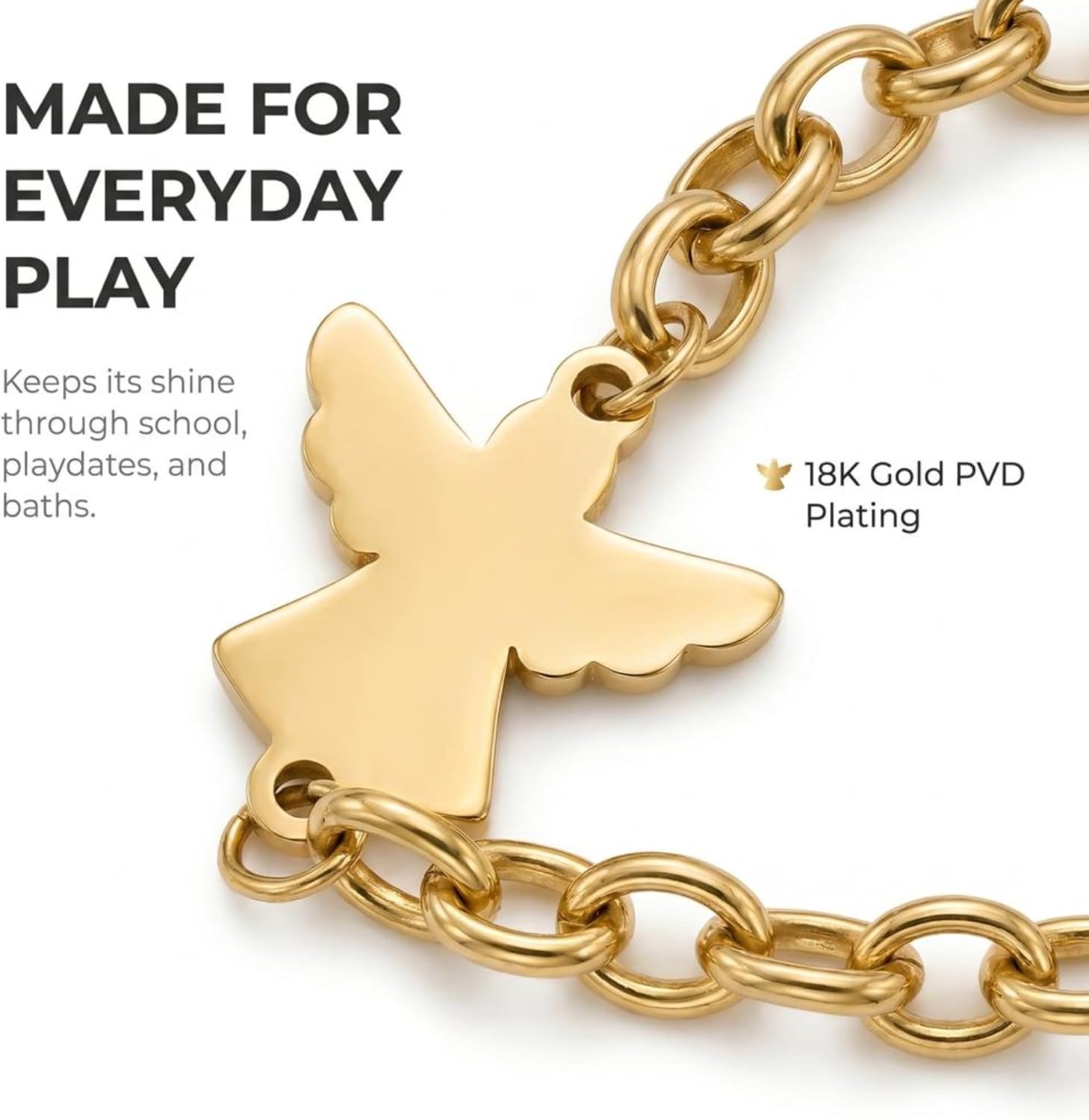 Angel Charm Bracelet for Girls Gift Set, Adjustable 18K Gold Plated, Hypoallergenic Kids Jewelry, First Communion Baptism Birthday Gift with Box and Card