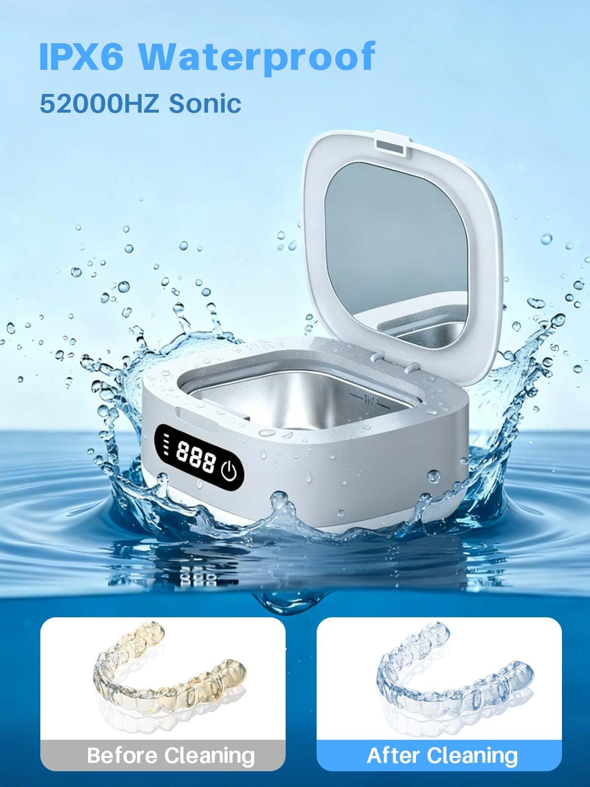 Voraiya Pulitore Ultrasuoni per Bite e Apparecchio Denti, Dental Pod Compatto e Silenzioso, Batteria Ricaricabile 4000 mAh, IPX7 Impermeabile, 166 ml, per Allineatore, Dentiera Viaggio