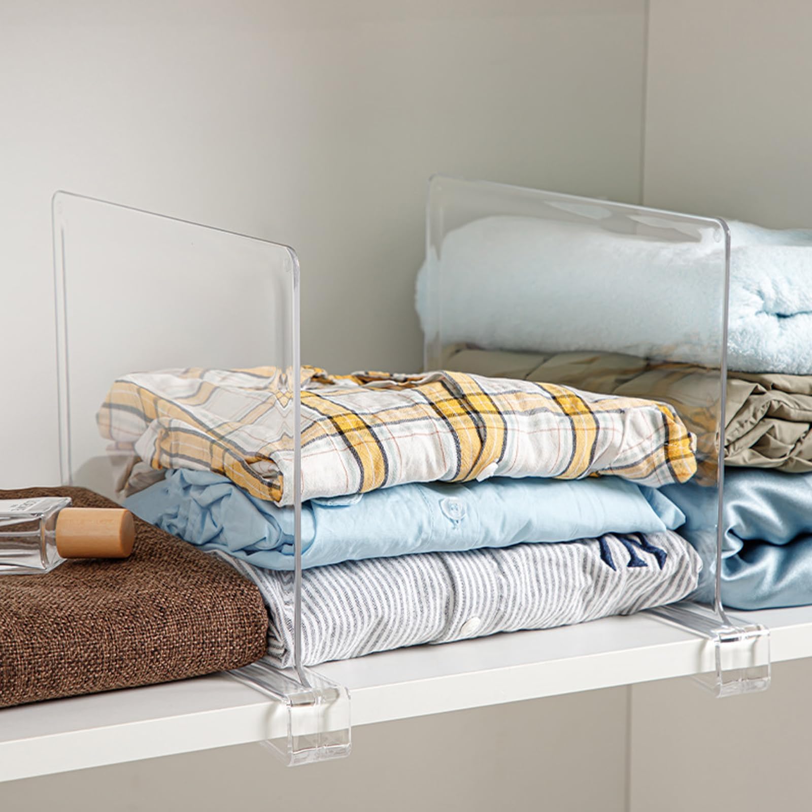 4 separadores de estantes acrílicos ajustables, transparentes para armario, cocina y estanterías, separadores de estantes ideales para una fácil instalación