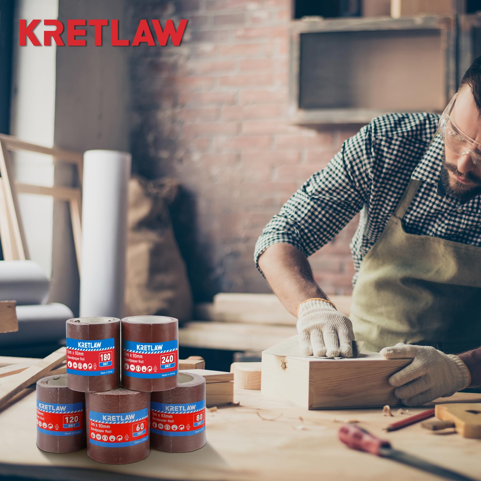 KRETLAW Schleifpapierrollen-Set 5 Rollen, 93mm x 5m, Körnung 60/80/120/180/240, Schleifpapier zum Schleifen, Polieren und Entrosten von Holz, Metall, Stahl