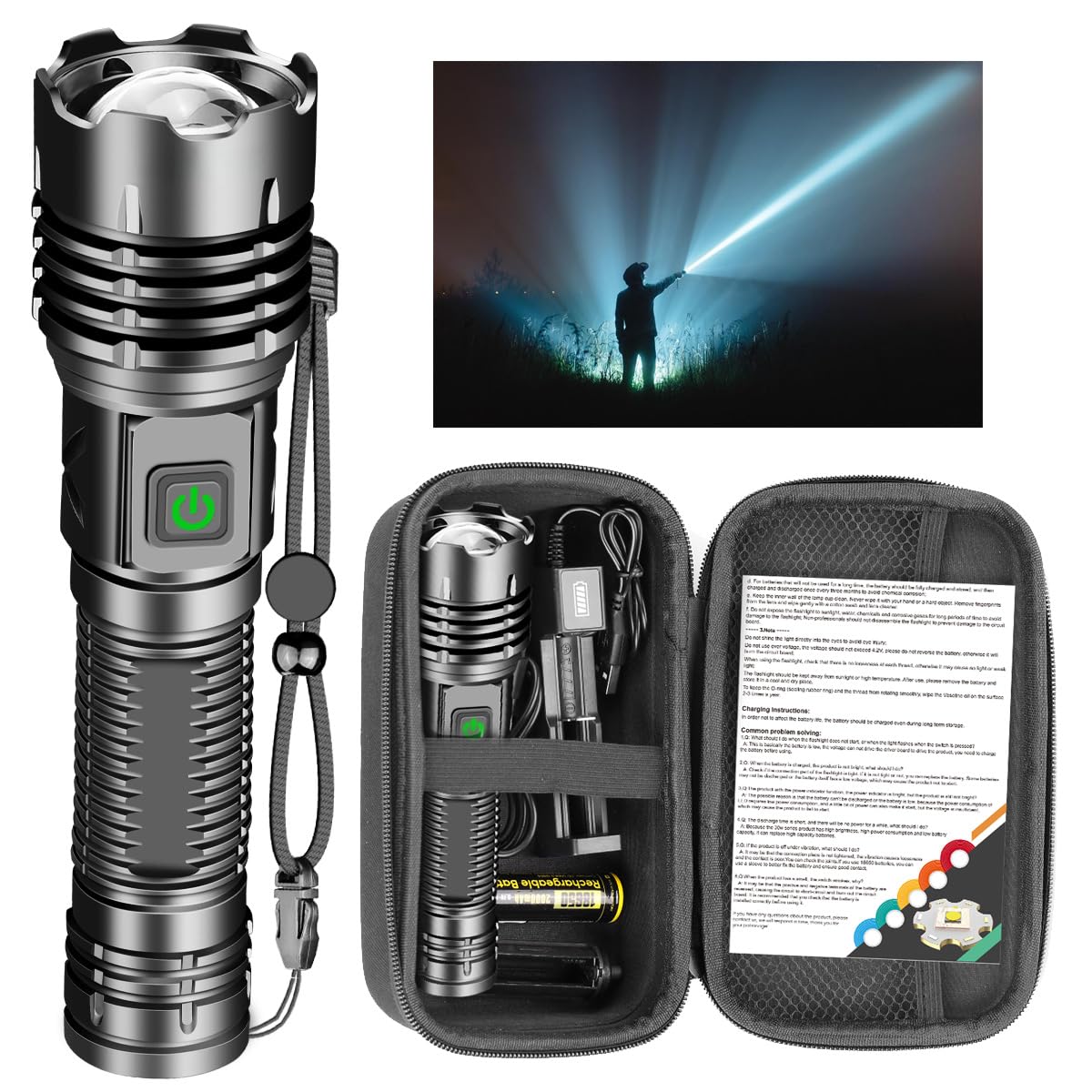 LeKaufen Torcia a LED ricaricabile, 20000 lumen, estremamente luminosa, funzionamento a batteria con funzione di ricarica, 5 modalità impermeabile, messa a fuoco regolabile per campeggio