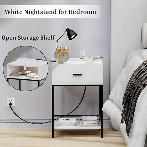 Miniatura 7 de Mesita de noche con estación de carga y puertos USB, mesa auxiliar de 3 niveles con cajón de madera, mesa auxiliar de cama alta para espacios