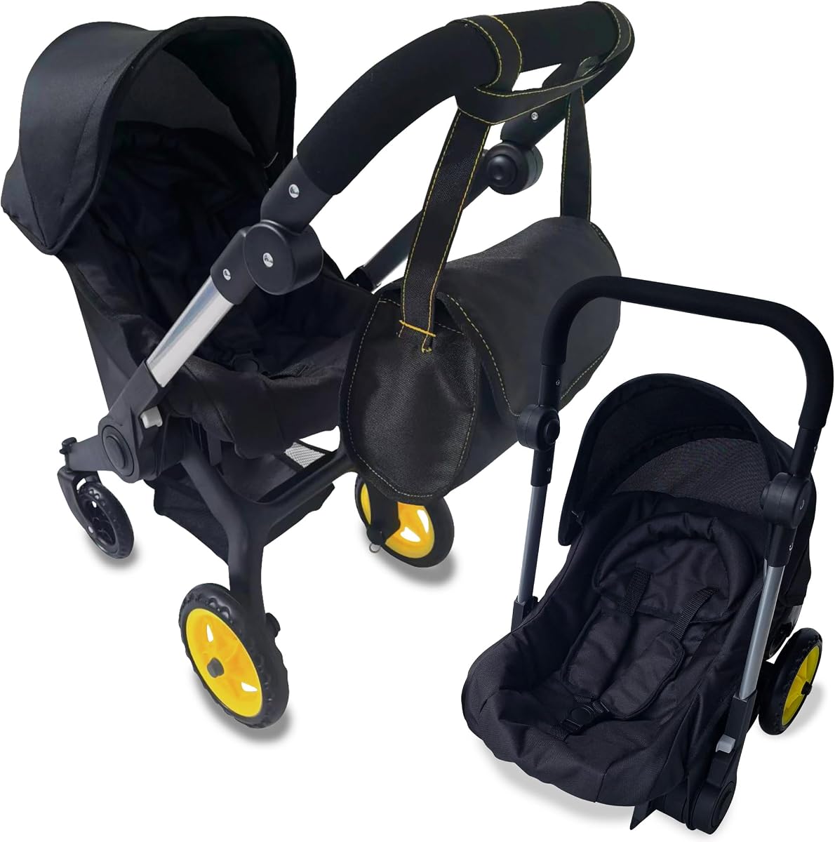 Combo de asiento de coche para muñeca bebé – Cochecito de muñeca convertible 2 en 1 y asiento de coche para niños – Se adapta a muñecas de hasta 20 pulgadas – Cochecito de bebé de juguete con mango ajustable para niñas pequeñas de todas las edades (negro)