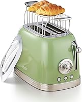 Vista 1 de Green Cute Retro Toaster 2 Slice with 1.58" Wide Slots, with Stainless Steel Lid, with Warming Rack, Preheat, Defrost, Countdown Timer Display 2025