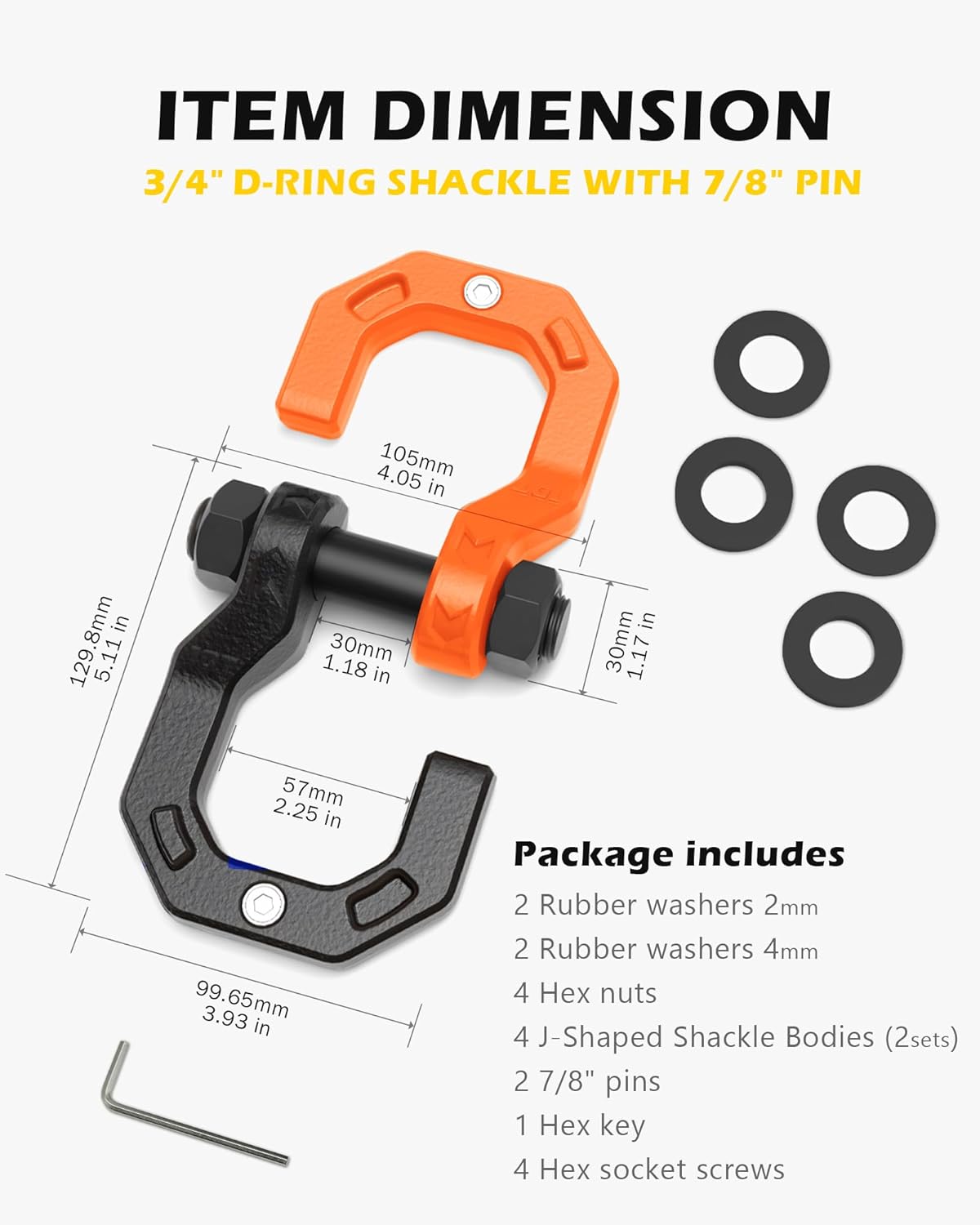 Separate D-Ring Shackles, 2Pack 3/4" Separate D-Ring Shackles 7/8" Pin, 57320lbs Breaking Strength, Heavy Duty Forged Steel, D-Ring Towing Winch Shackle for Recovery, 4x4 Off-Road, BlackOrange - Image 5