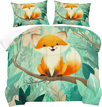 Cute Fox Comforter Set King Size, Animal Jungle Bedding 3 Pieces, Soft Fluffy Lightweight Microfiber with 1 Comforter and 2 Pillow Shams for All Season, Cozy Bed Set for Bedroom