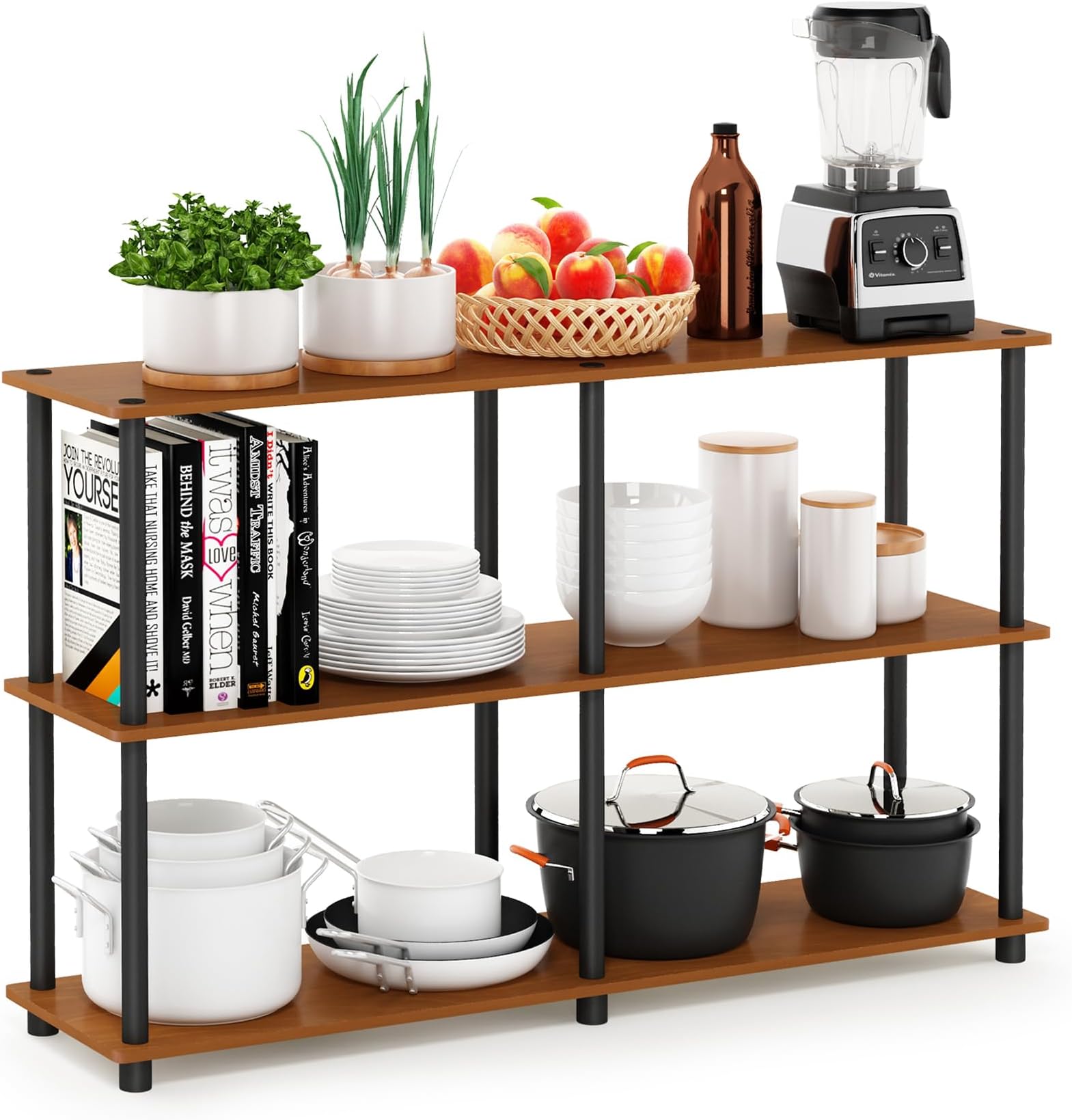 TURN-N-TUBE Storage Shelves, 3-Tier 47.4 Wide Book Shelf, Corner Shelf, Toolless Open Shelves, for Organization and Storage, Living Room, Garage, Home Office, Light Cherry