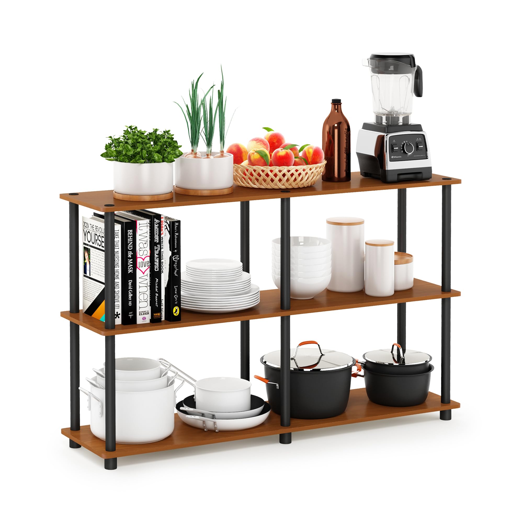 Furinno TURN-N-TUBE Storage Shelves, 3-Tier 47.4 Wide Book Shelf, Corner Shelf, Toolless Open Shelves, for Organization and Storage, Living Room, Garage, Home Office, Light Cherry