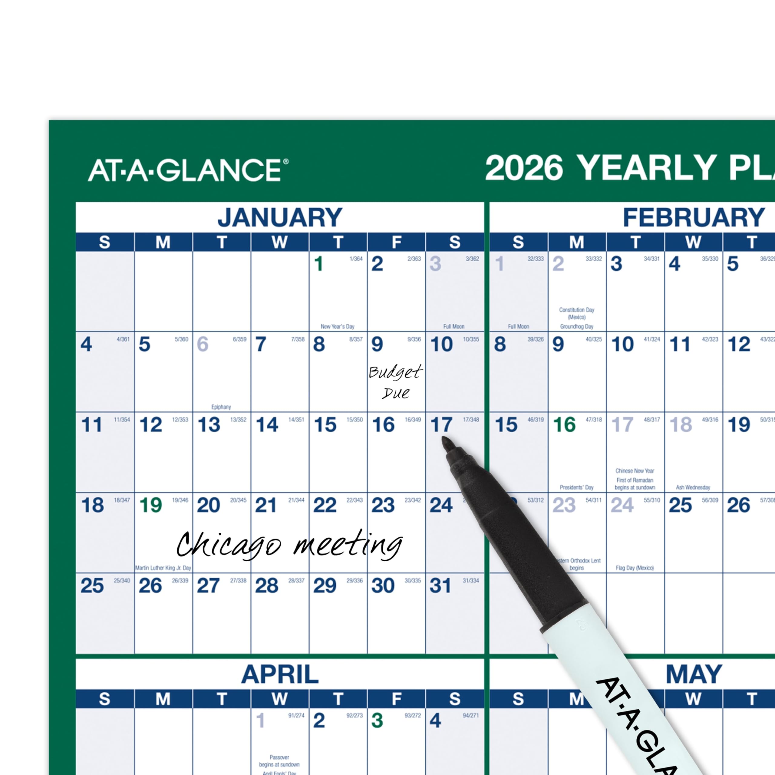 AT-A-GLANCE Calendario 2026 cancellabile, planner da parete cancellabile a secco, 61 x 91,4 cm, grande, verticale, reversibile (PM2102826)