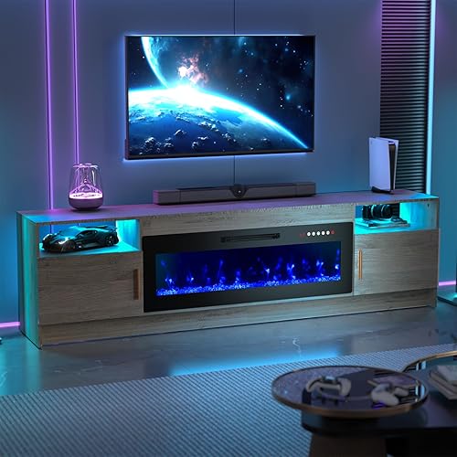 Miniatura 45 de BREEZEHEAT Soporte de TV eléctrico con chimenea de 36 pulgadas de hasta 80 pulgadas, centro de entretenimiento LED con puertas de alto brillo,