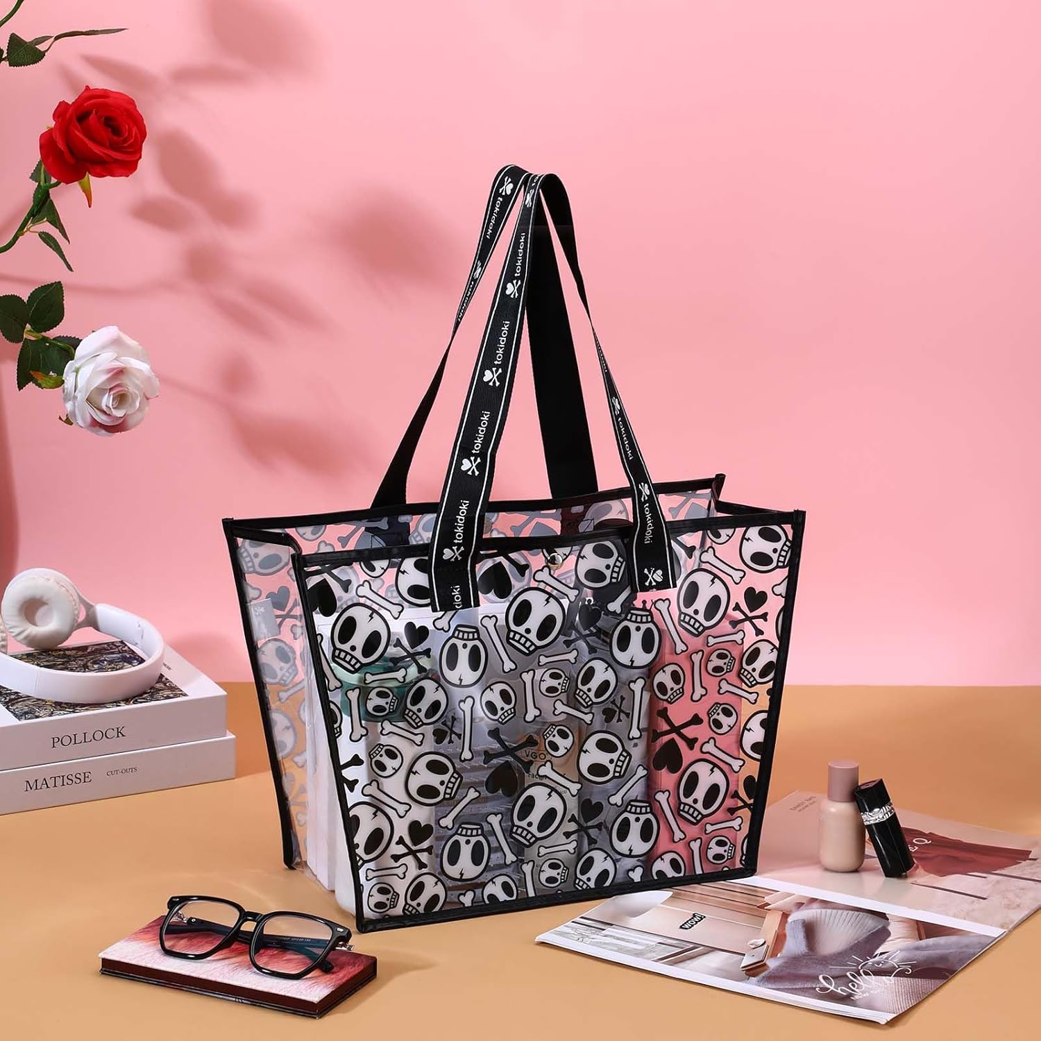 Tokidoki Large Clear Tote Bag, Cute PVC Plastic Shoulder Handbag with Metal Button for Work, Concert and Sports, Travel - Image 3