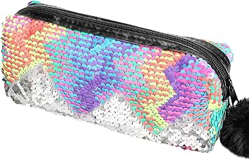 PHOGARY Sequin Preppy Pencil Case for Girls, Fluffy Zip Pull Pouch Bag Holographic Pen Case Sparkling School Stuff Shimmery Glitter Makeup Bag Purple, Silver