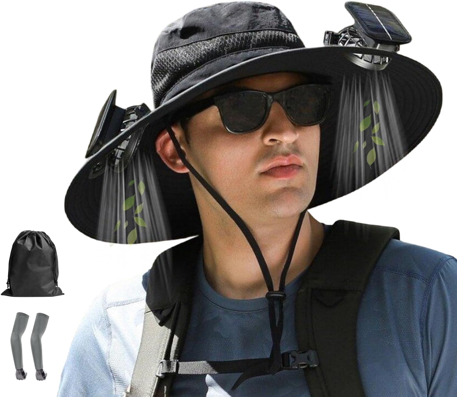Solar Fan Hat Wide Brim Solar Fan Hat with 2 Solar Powered Fan Built Outdoor Sun Hats Waterproof Outdoor USB Powered Fishing Fan Cap for Men and Sunblock Sleeves&Cap Organizer Bag (Black)