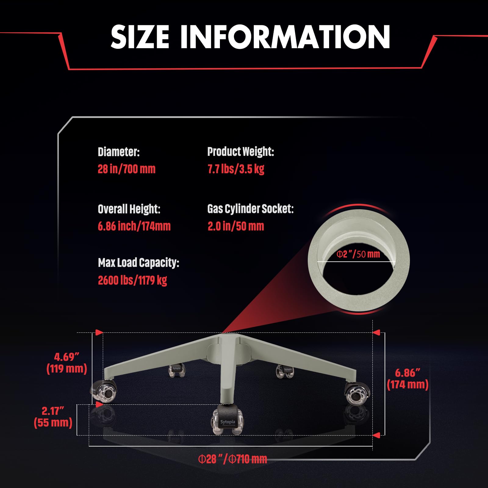 Sytopia Base di ricambio per sedia da ufficio da 71,1 cm, con ruote, set da 5, 1134 kg, resistente, ruote scorrevoli e silenziose, grigio