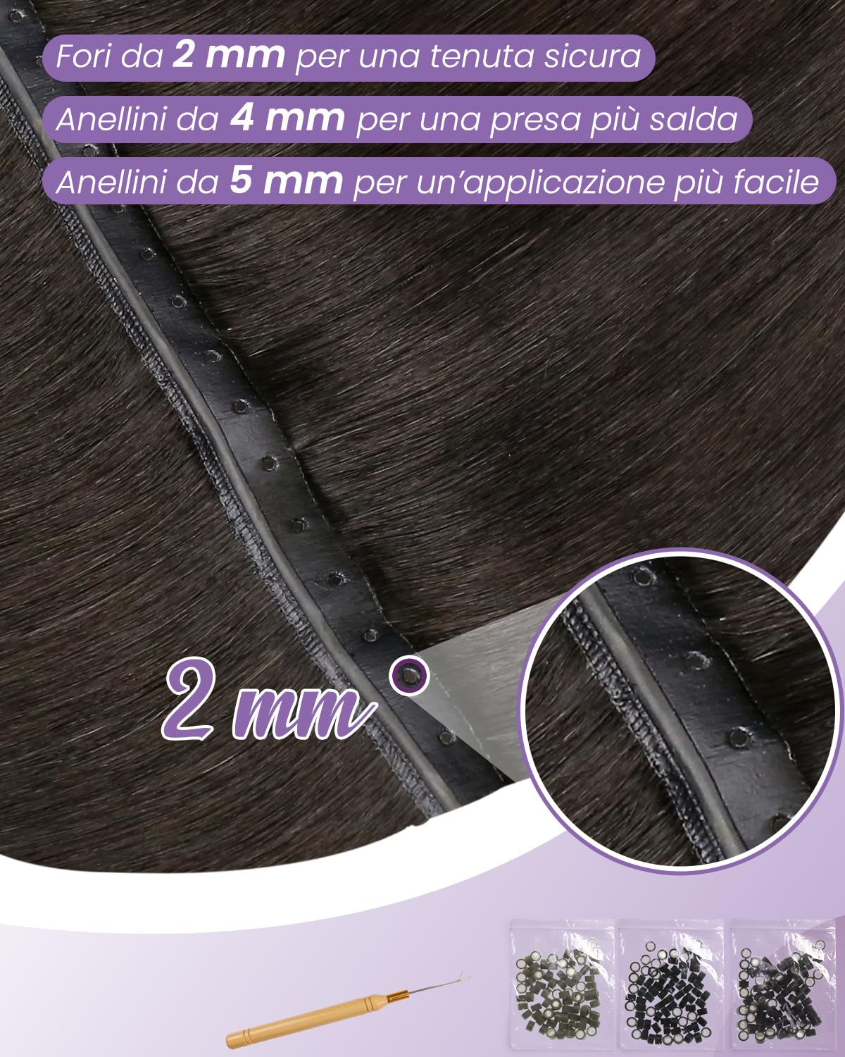 Totale 130g Extension Capelli Veri Cheratina con Extension Tessitura Capelli Veri PU OVO Weft Castano Scuro 60cm