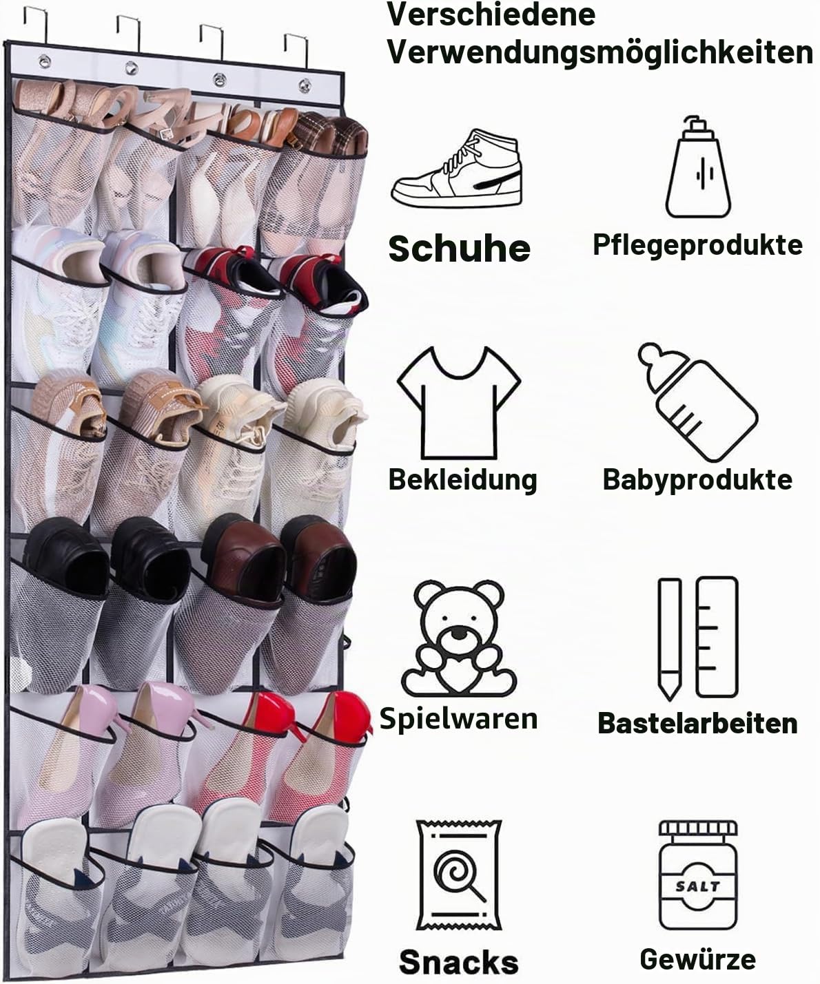 MISSLO Schuhorganizer Tür, Schuhaufbewahrung Hängend Regal mit 24 Großen Taschen Schuhhalter Platzsparend für Shrank, Camping mit 4 Haken (Weiß)