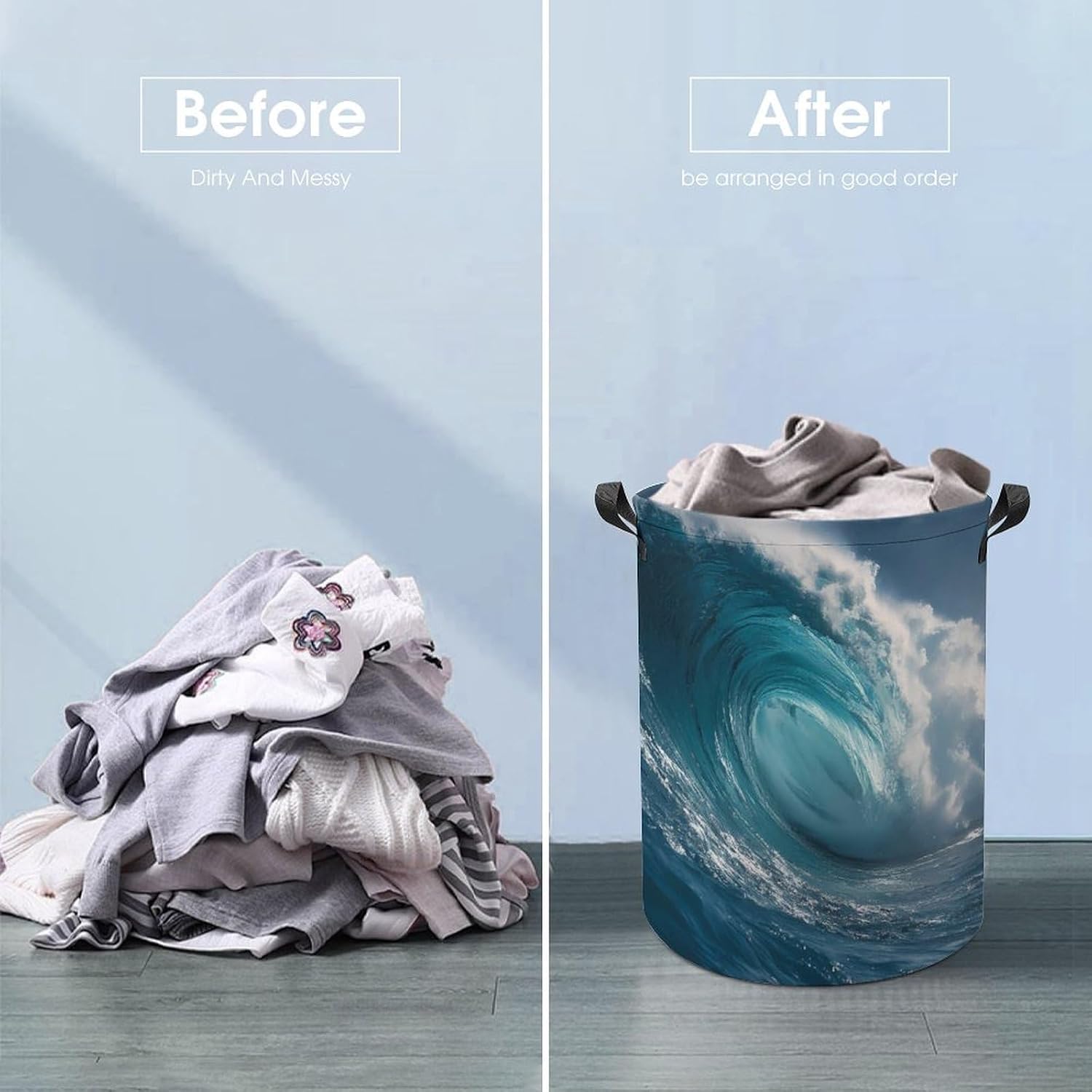 Huge Wave Ocean Sea Laundry Hamper Basket for Home Bathroom | clothes storage,handle,large capacity,oxford