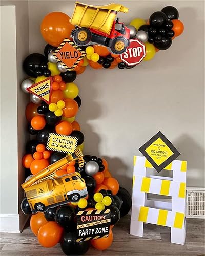 Miniatura 5 de DNBOD Decoraciones de fiesta de construcción, kit de guirnalda de globos de fiesta de construcción con globos naranjas, negro, amarillo, plateado,