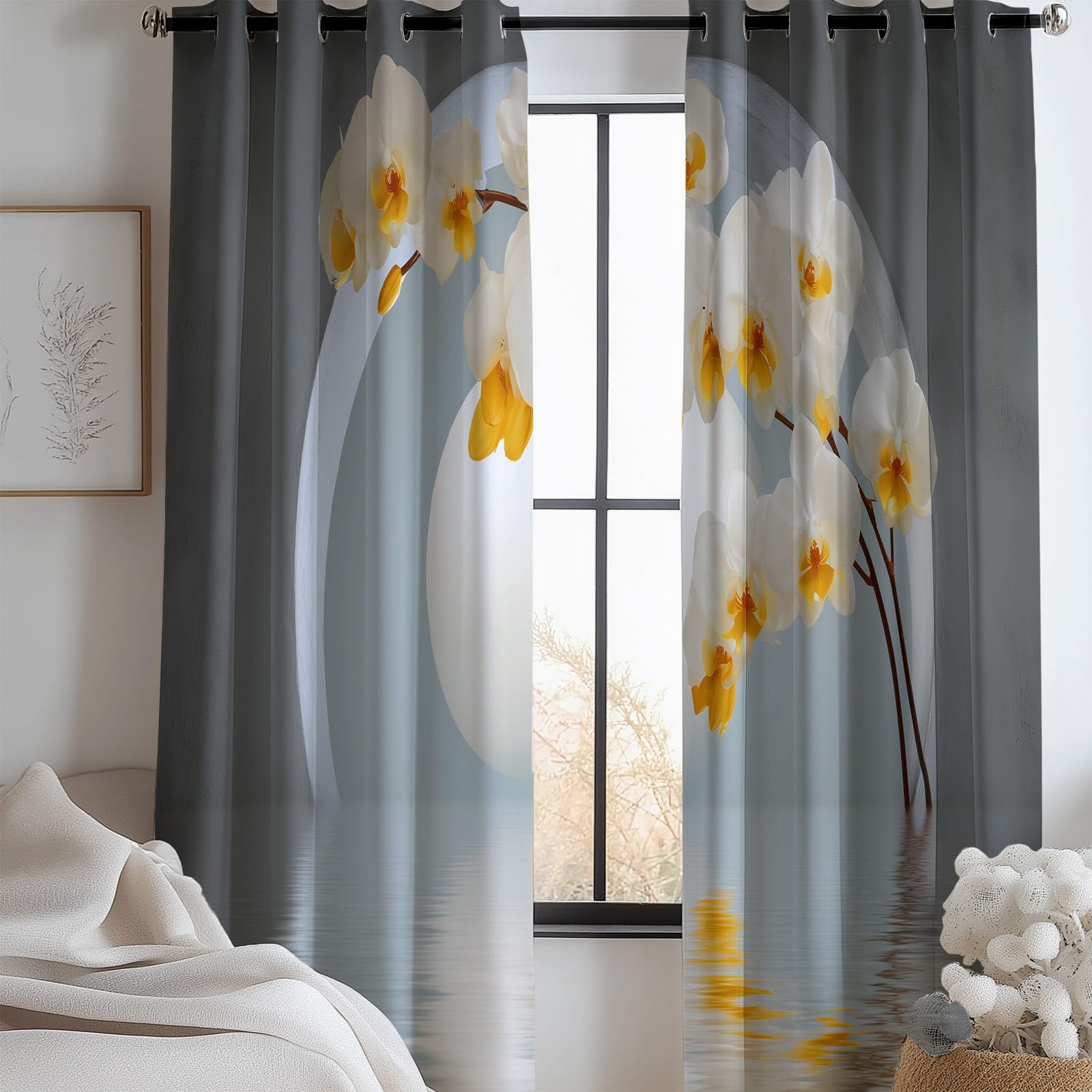 Rideaux occultants gris motif orchidée lune pour fenêtre de salon et chambre