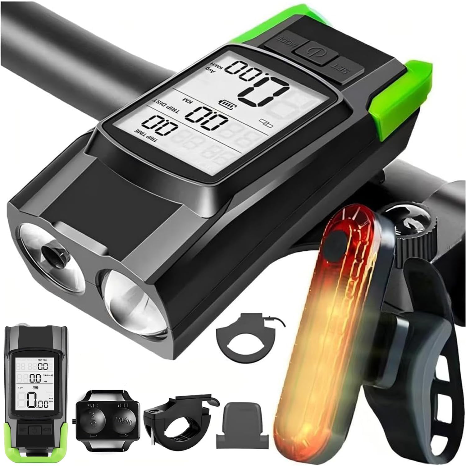 Exrp3-in-1 Multi-Functional Bike Light, 800 Lumens, Nighttime Speedometer, Horn, Waterproof Headlight and Taillight Set, Black