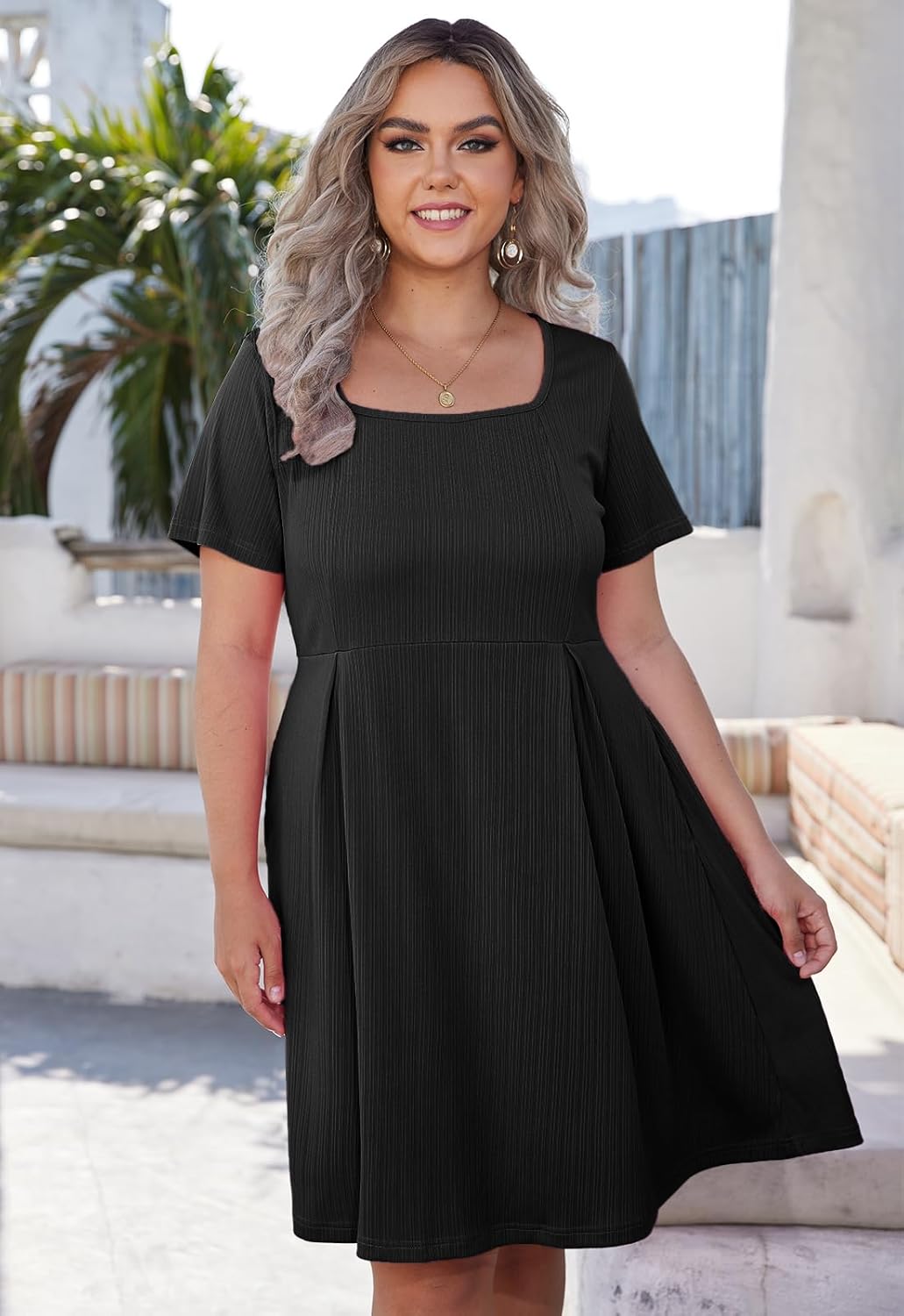 Womens Plus Size Short Sleeve Dresses Square Neck Casual Summer Sundress Flowy Knee Length Dress with Pockets - Image 2