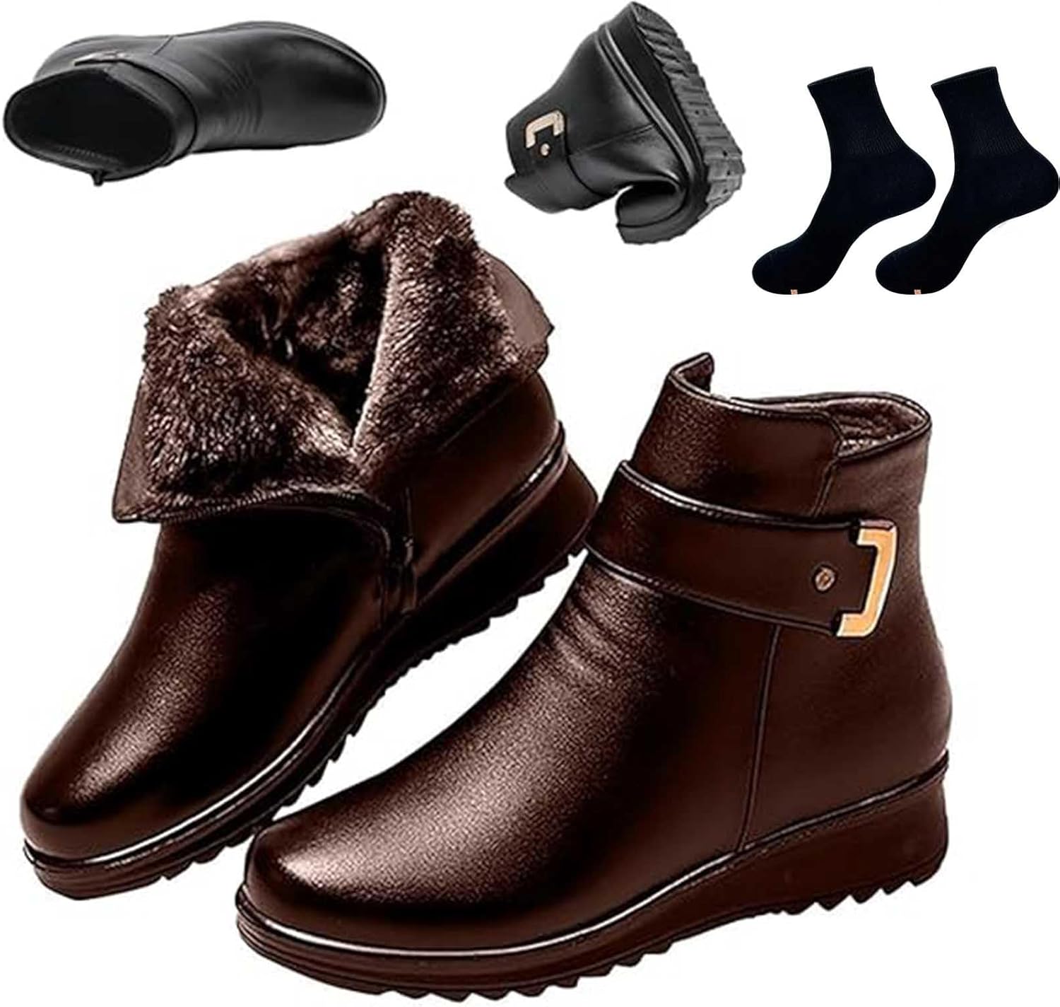 Women's Metal Buckle Genuine Leather Wool Orthopedic Boots, Orthopedic Snow Boots for Women, Winter Warm Waterproof Slip On Ankle Booties with Side Zipper