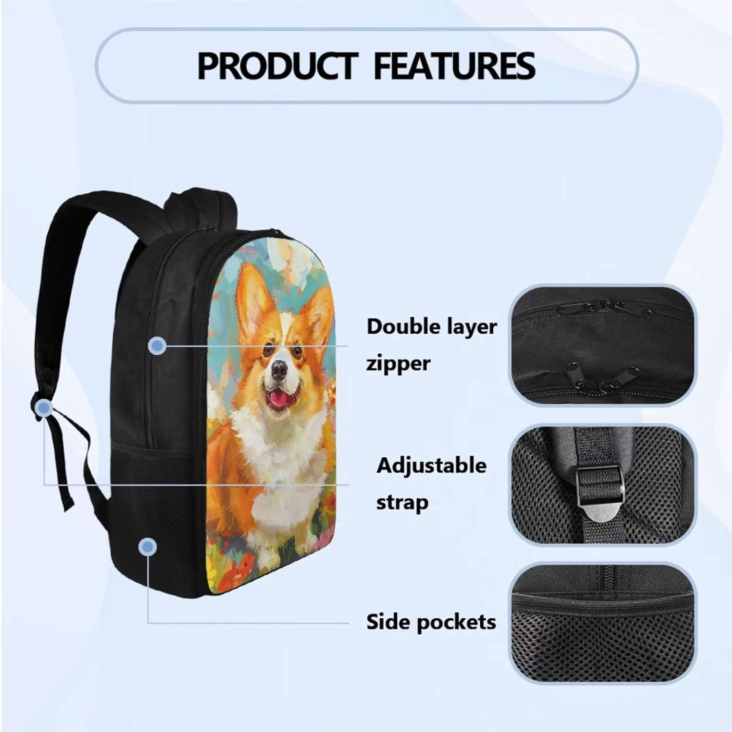 Corgi Backpack for Teen Girls Middle School Aesthetic Big Cute Kid Bookbag School Bag Lunch Bag and Pencil Box Set for Elementary Boys, 3Pcs