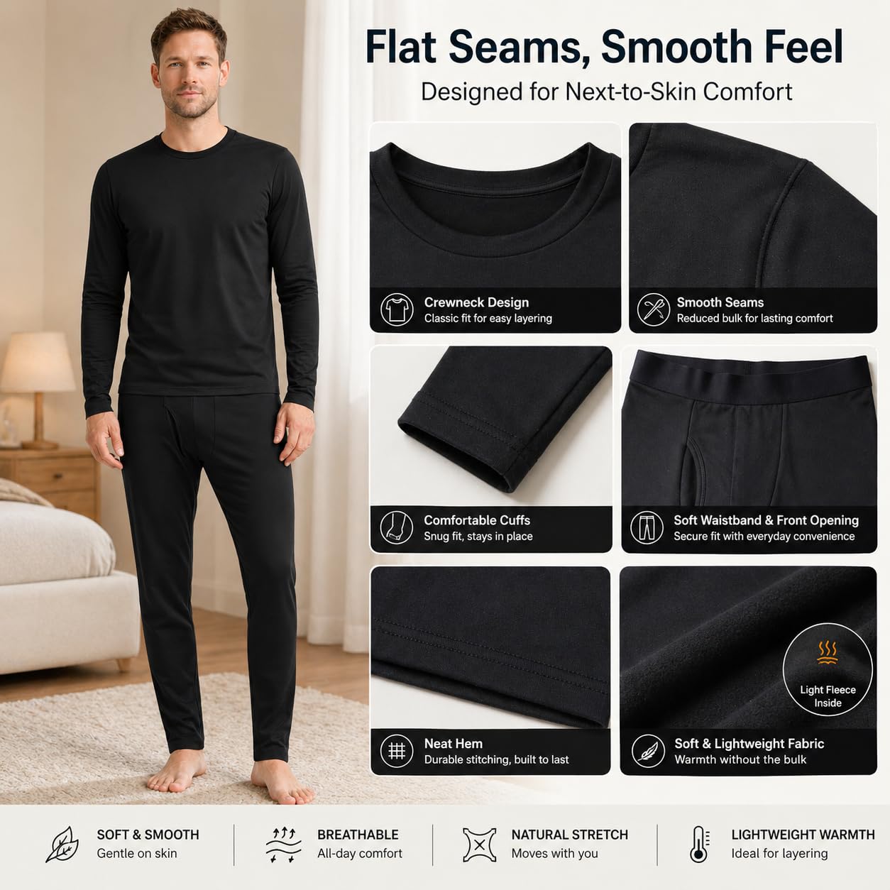 Ensemble sous-vêtements Thermiques Homme doublé Polaire léger Chaud Respirant Extensible Haut Manches Longues et Legging Hiver