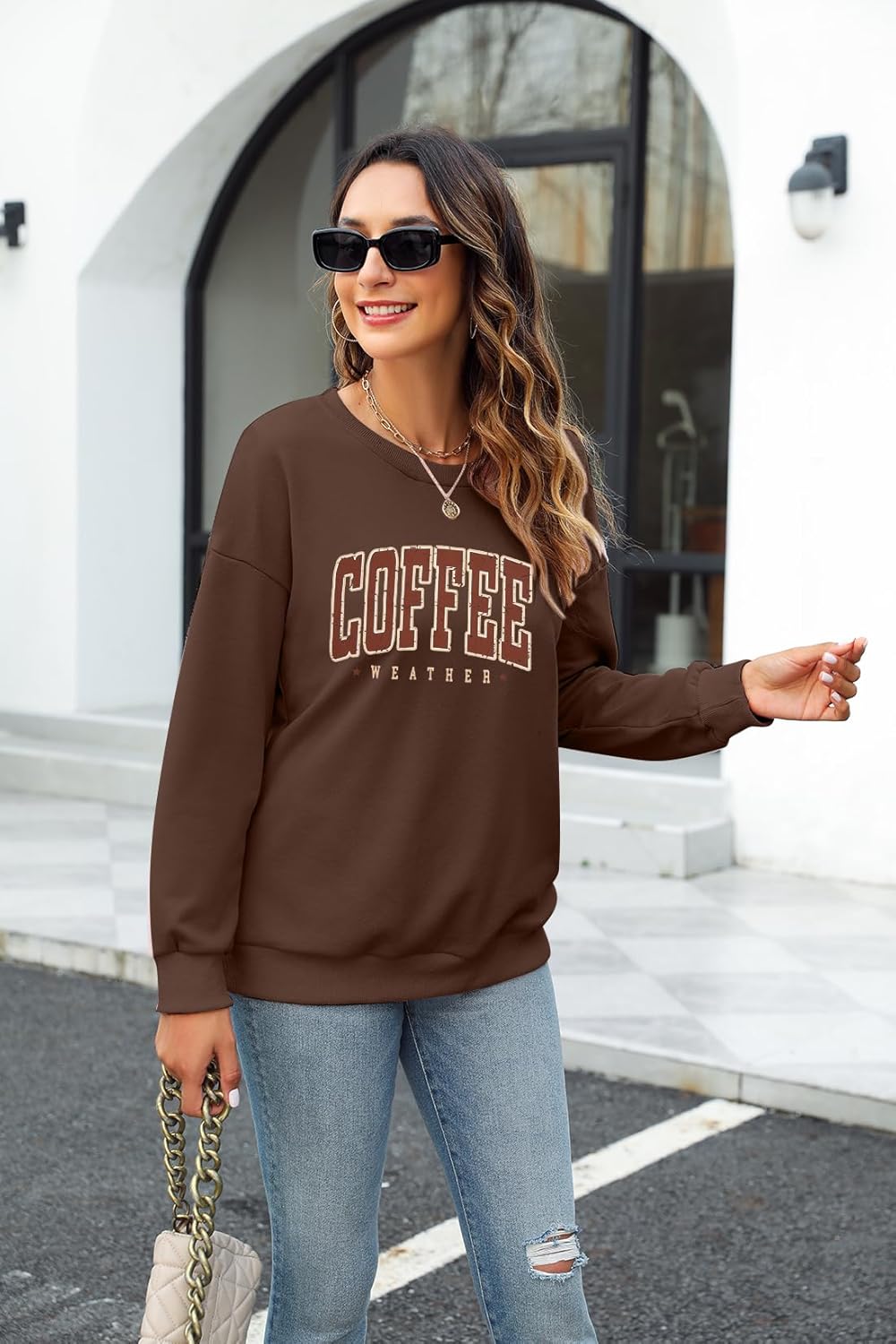 LOTUCY Coffee Sweatshirt for Women Coffee Weather Crewneck Sweatshirt Casual Autumn Fall Long Sleeve Shirt - Image 4