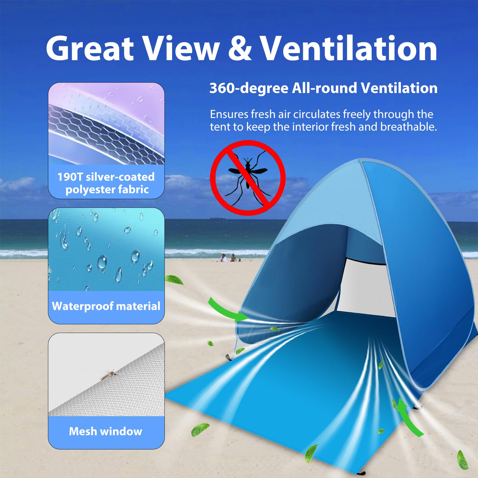 Tente de Plage Pop Up, Abri de Plage Automatique 1-2 Personnes, Tente Pare-Soleil avec Sac de Transport et Piquets, Protection Solaire UV UPF 50+, pour Protection Solaire Plage, Jardin