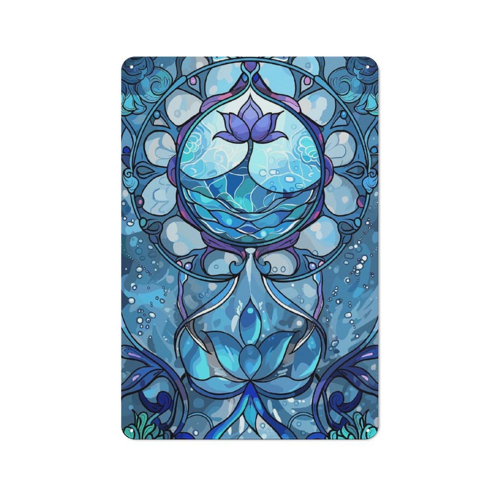 Junmoney Style-23 Metal Wall Sign 30X20cm Featuring Blue Lotus Water Stained Glass Art For Bar Or Restaurant, Gift For Bar Decor Enthusiasts During The Christmas Season