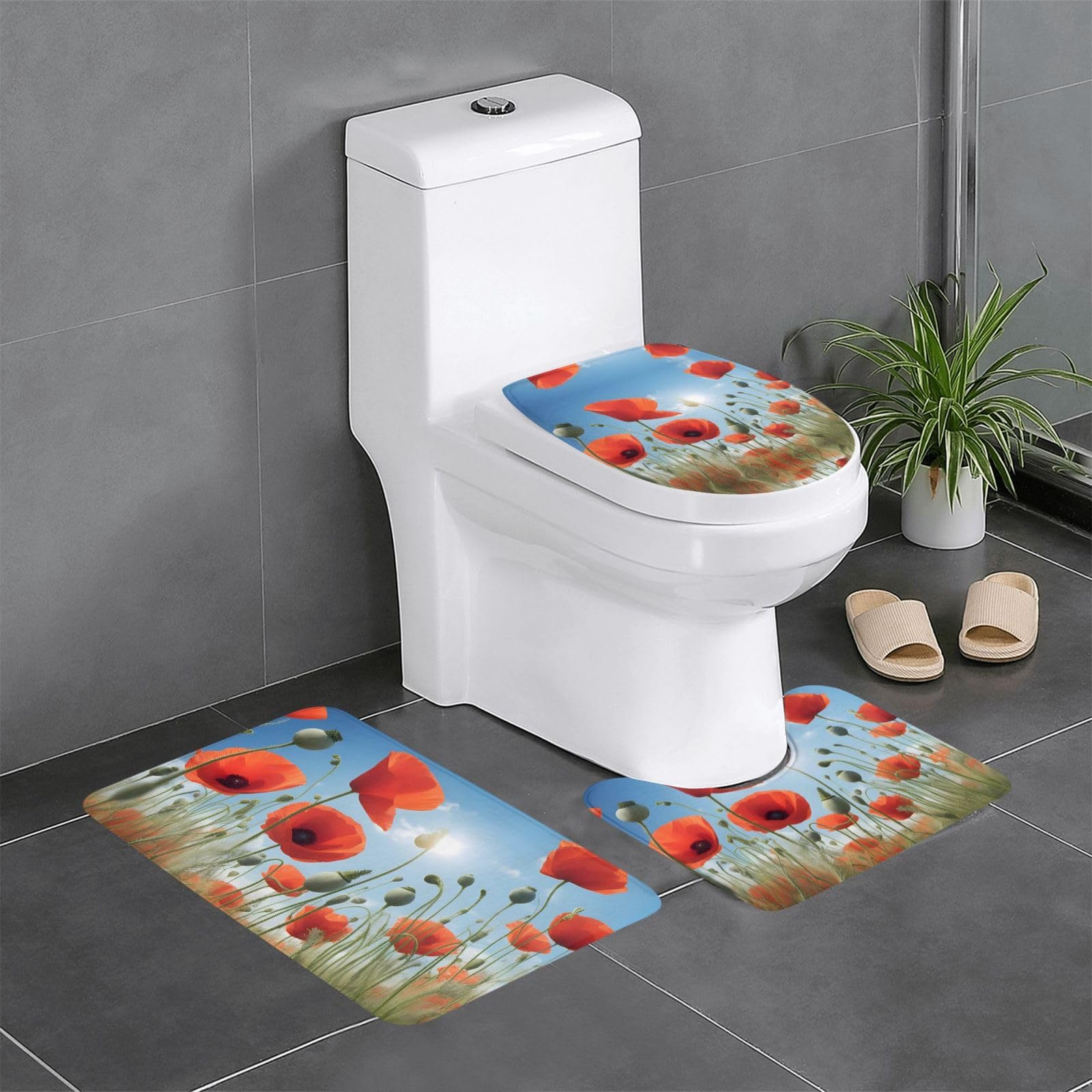 Tapis de bain coquelicots antidérapant séchage rapide ensemble de 3 pièces pour salle de bain