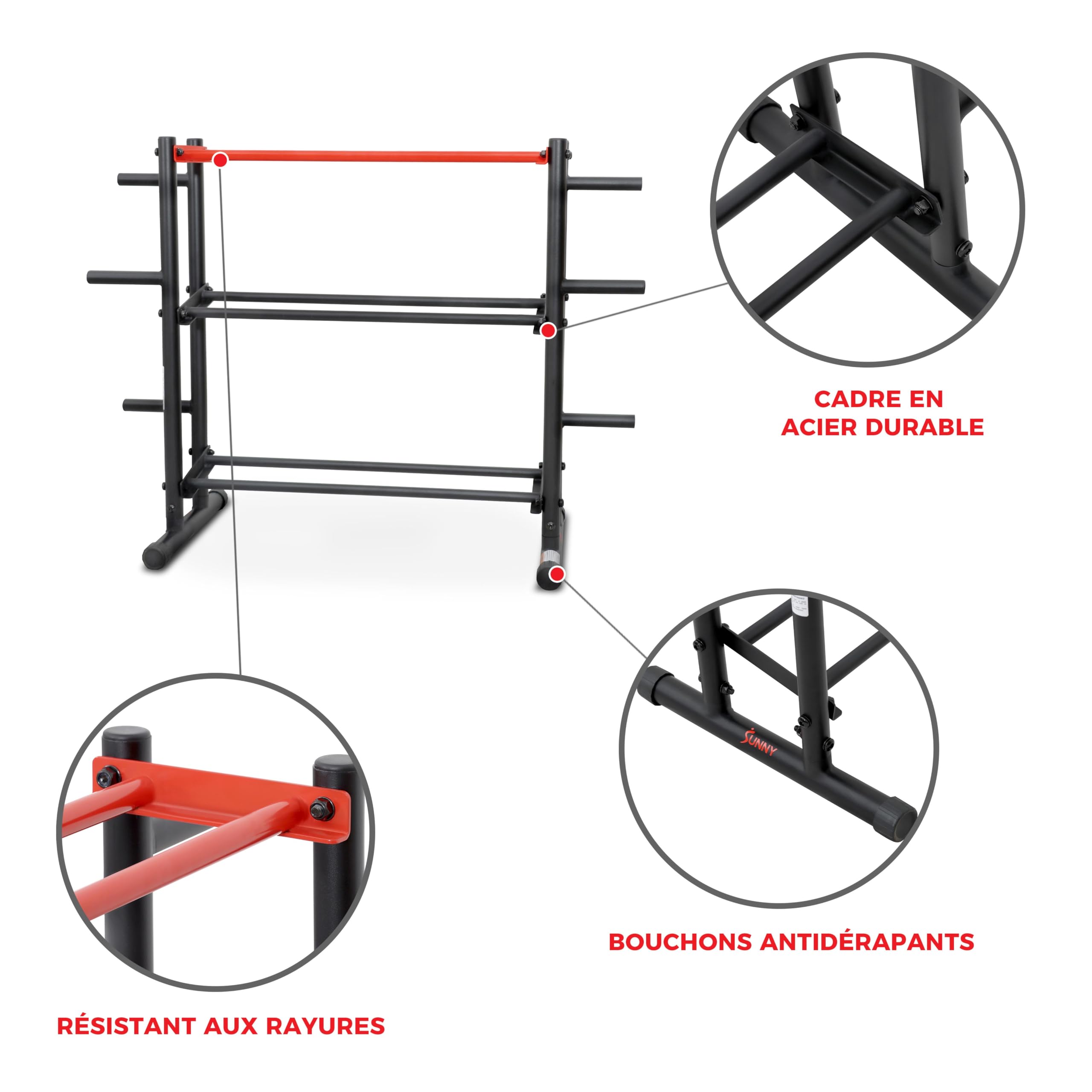 Sunny Health & Fitness Support de rangement multi-poids pour haltères, kettlebells, plaques de poids olympiques, haltères et ballon de médecine, support d'entraînement en métal robuste pour salle de
