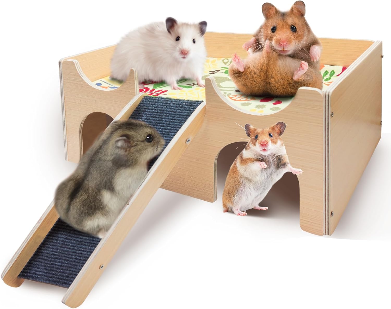 Wooden Hamster House Hideout, Natural Wood Small Animal Hut with Stairs, Cute Hamster Cage Accessories Habitat for Hamsters, Guinea Pigs, Chinchillas, Gerbils, Rabbits, and Other Small Pets