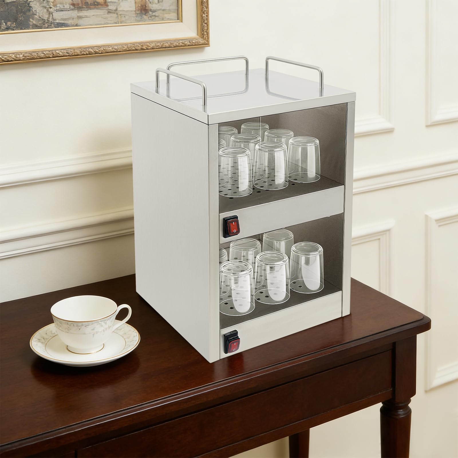 Armadio riscaldante per tazze, con 2 scomparti riscaldanti indipendenti, scalda tazze da caffè elettrico, per gastronomia, caffetteria, casa, 32,5 x 32 x 55 cm