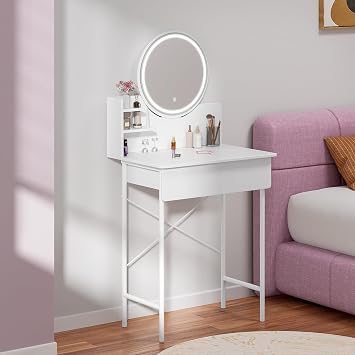 Makeup Vanity Desk with LED Lighted Mirror, 3-Mode Brightness, 1 Drawer & 2 Open Shelves   Stylish Bedroom Dressing Table