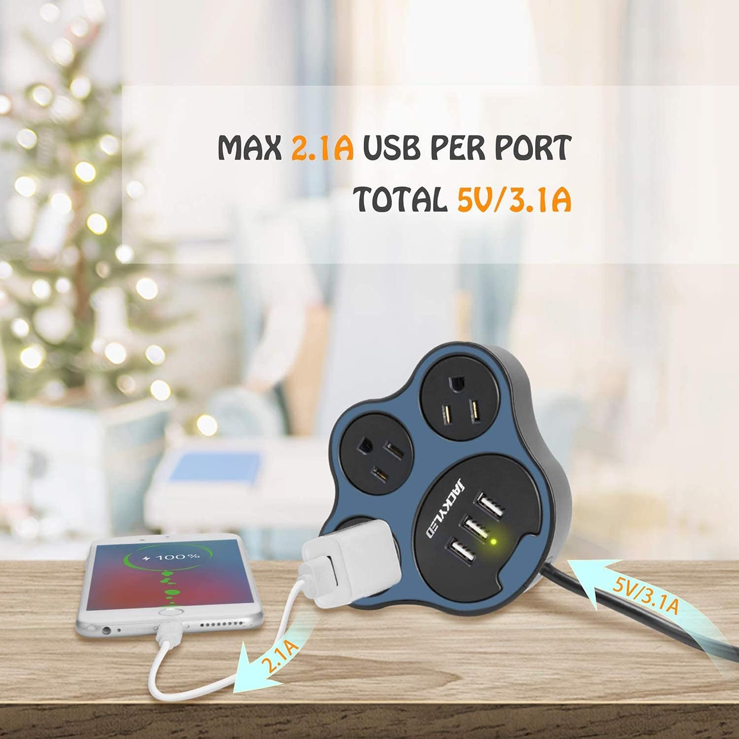 5ft Paw Shape Flat Plug Power Strip for Travel Cruise Ship, 10A 3 Outlets and 3.1A 3 USB Ports Extension Cord Fast Charging Fireproof Electric Desktop Charger for Home Office School Ship, Blue Black