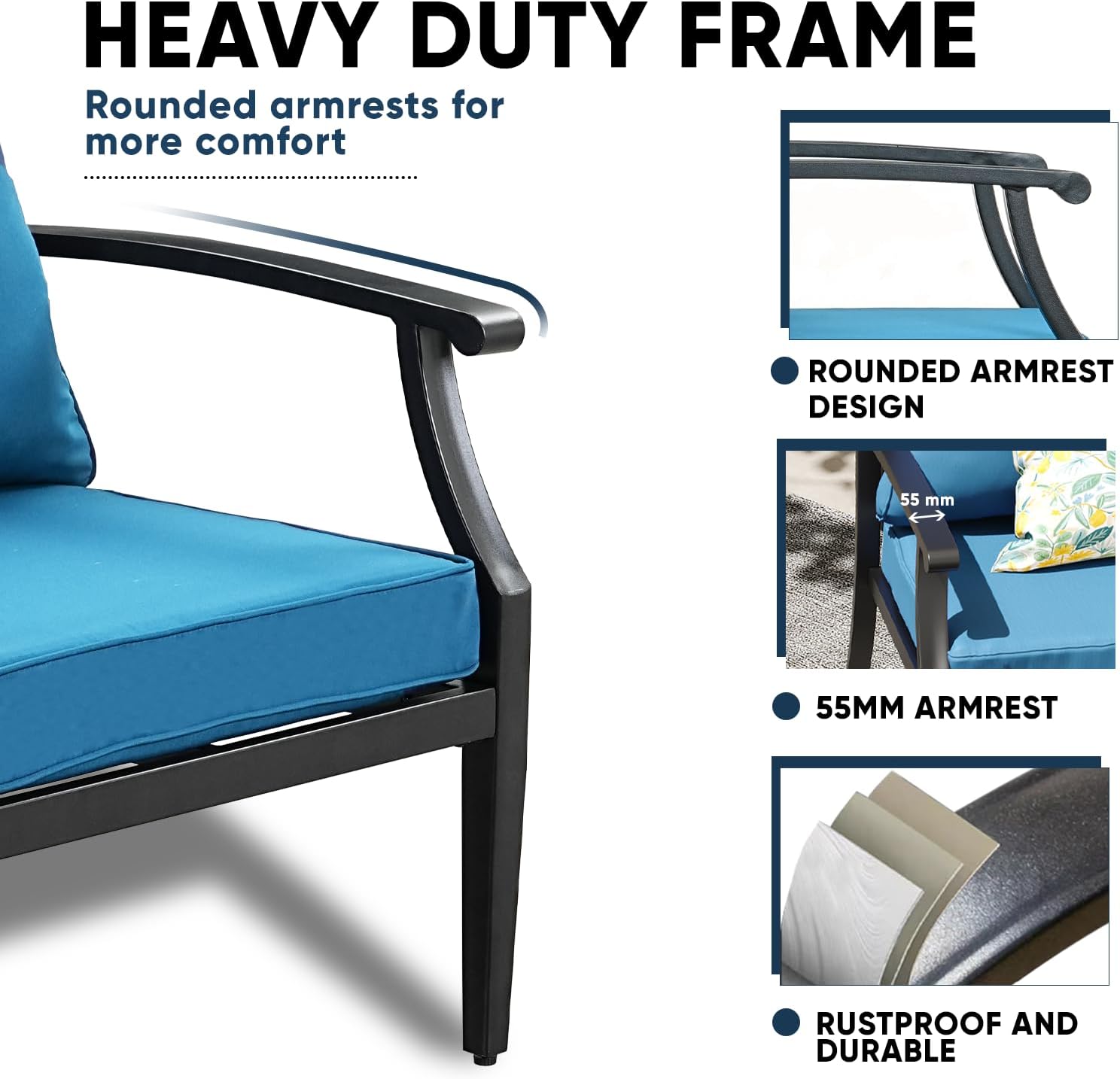 4 Piece Outdoor Patio Furniture Set, Oversized Metal Conversation Set with High Back & Deep Seating, Water-Repellent Cushions, Coffee Table for Porch, Deck, Backyard, Peacock