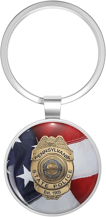 Pennsylvania State Police PSP Badge over American Flag Metal Double Sided Key Chain Keychain