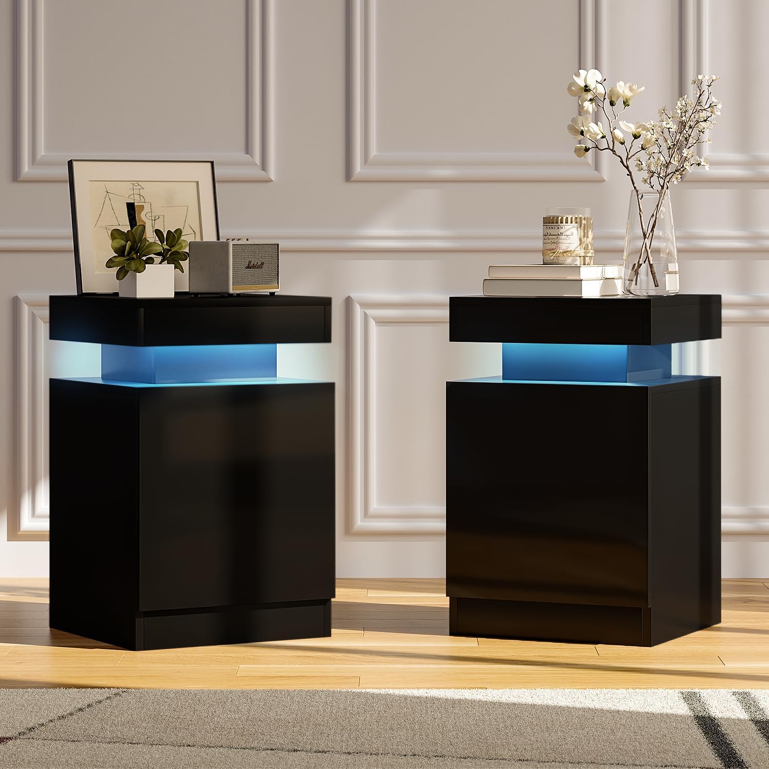 Nightstands Set of 2, LED Night Stand Set 2, Modern Bedside Table with LED Lights, End Side Table for Bedroom, Black, 15 Inches