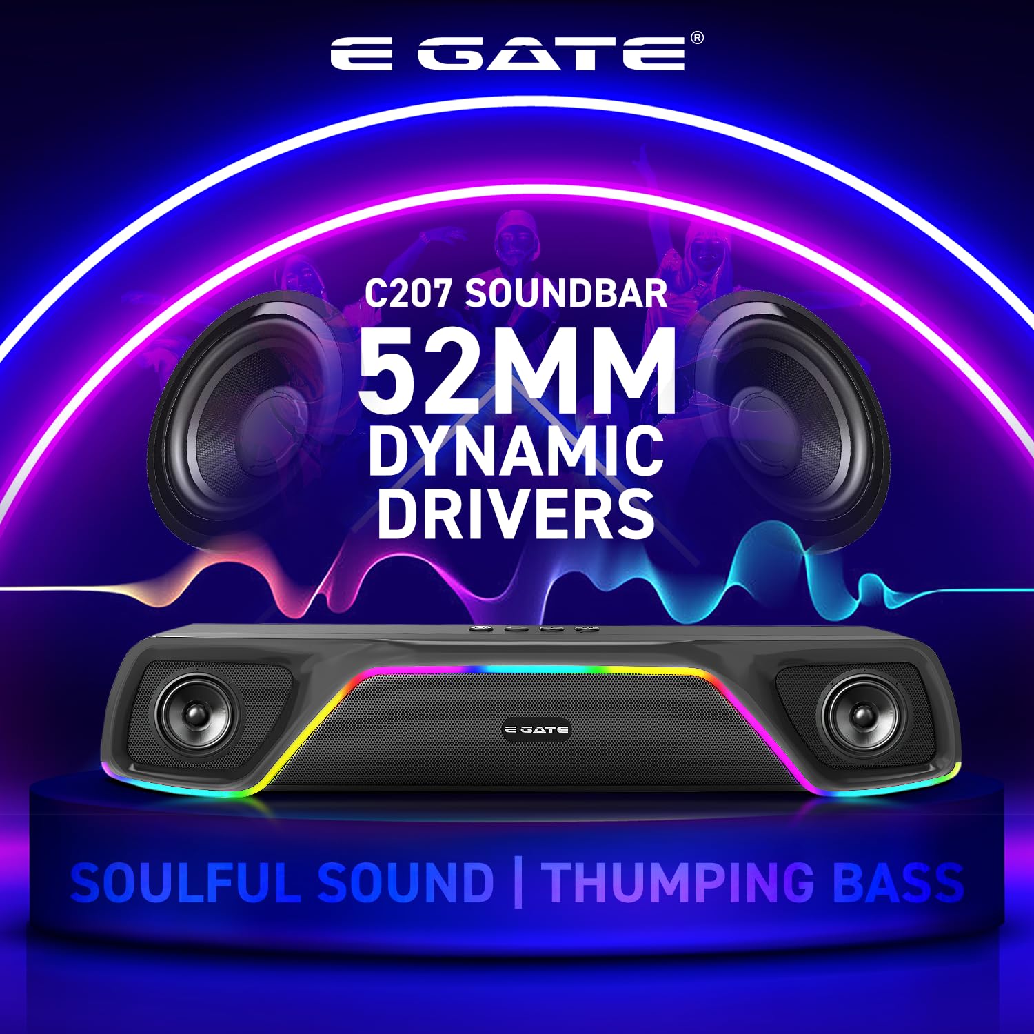 E GATE C207 |18Watt Bluetooth Soundbar, 52mm Driver, 2.0 Channel, Ambient RGB Light, Upto 18 Hrs* Backup from 2000 mAH Battery, Hands Free Call, TWS, AUX, USB, mSD, FM, BT 5.4v - eGate Sound bar 4 71e4WLy72bL. SL1500