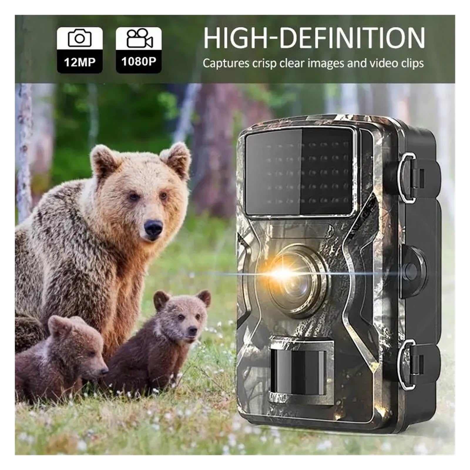Kamera leśna, Kamera Myśliwska Szlakowa 12MP 1080P Noktowizor Na Podczerwień Wyzwalacz Aktywowany Ruchem Bezpieczeństwa Outdoor Wildlife Photo Trapki(With 32GB TF Card)