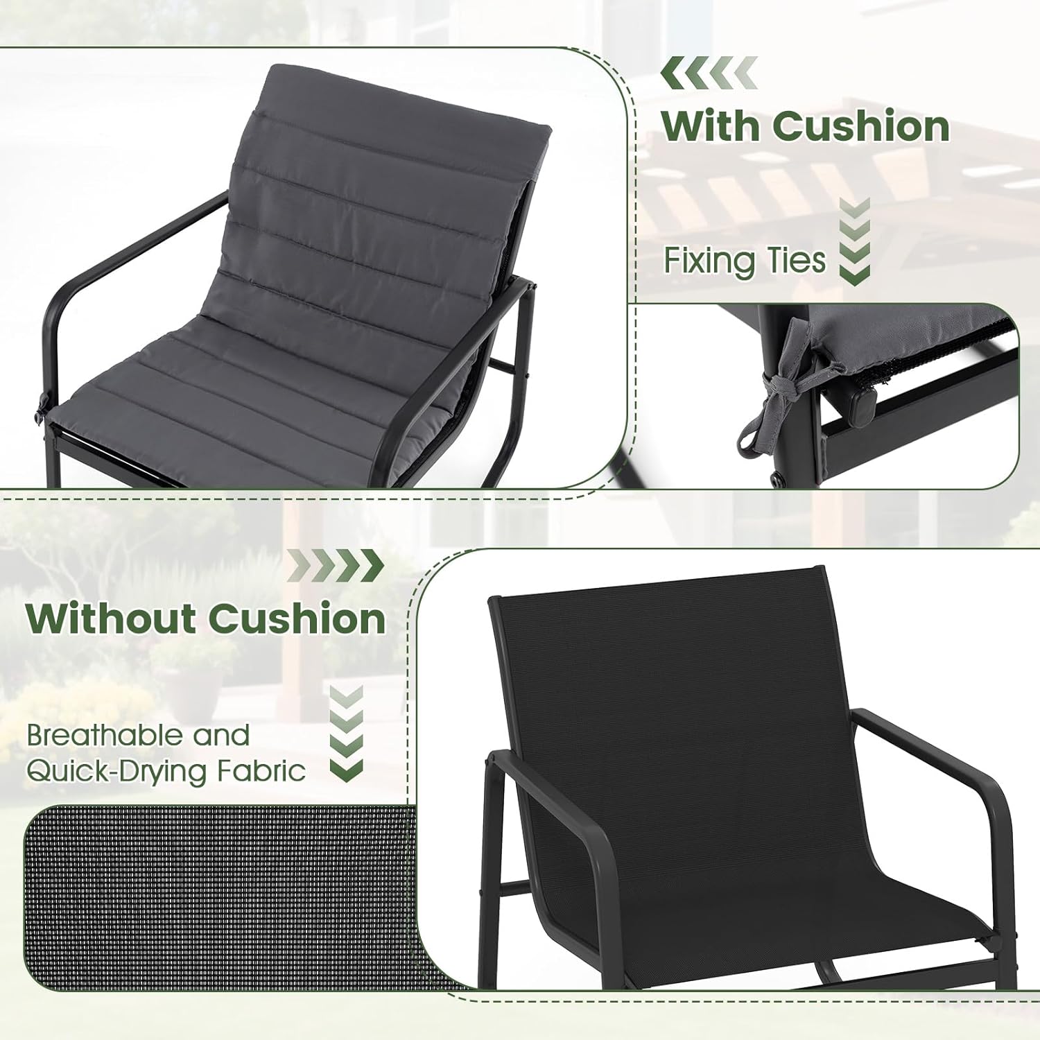 Tangkula 3 Piece Outdoor Rocking Bistro Set, Porch Rocker Chairs with Tempered Glass Table, Metal Frame & Soft Cushions, Patio Furniture Set, Outdoor Conversation Set for Balcony, Garden & Poolside