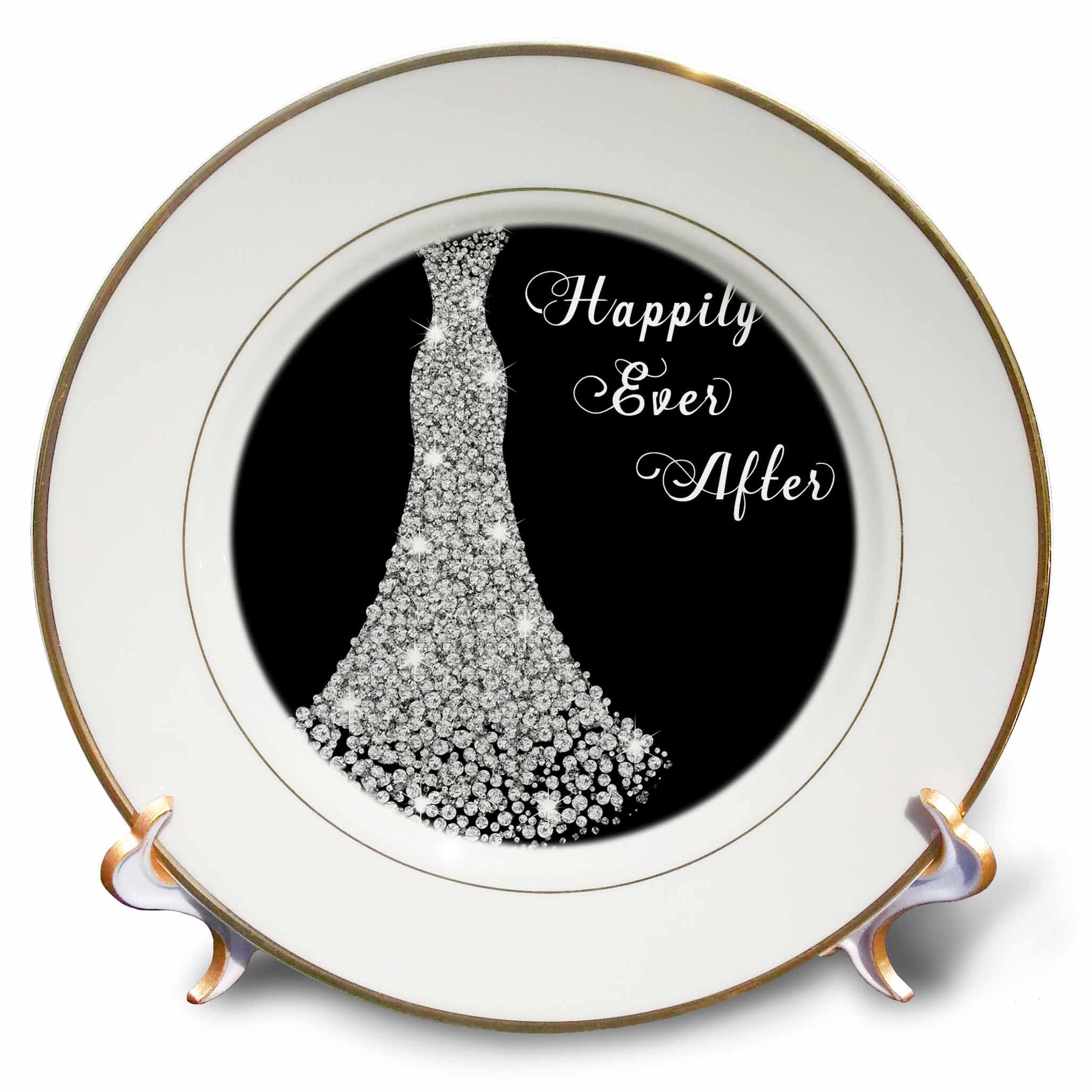 3dRose 8 inch Porcelain Plate - Image of Sparkle White Wedding Gown with Happily Ever After text Quotes