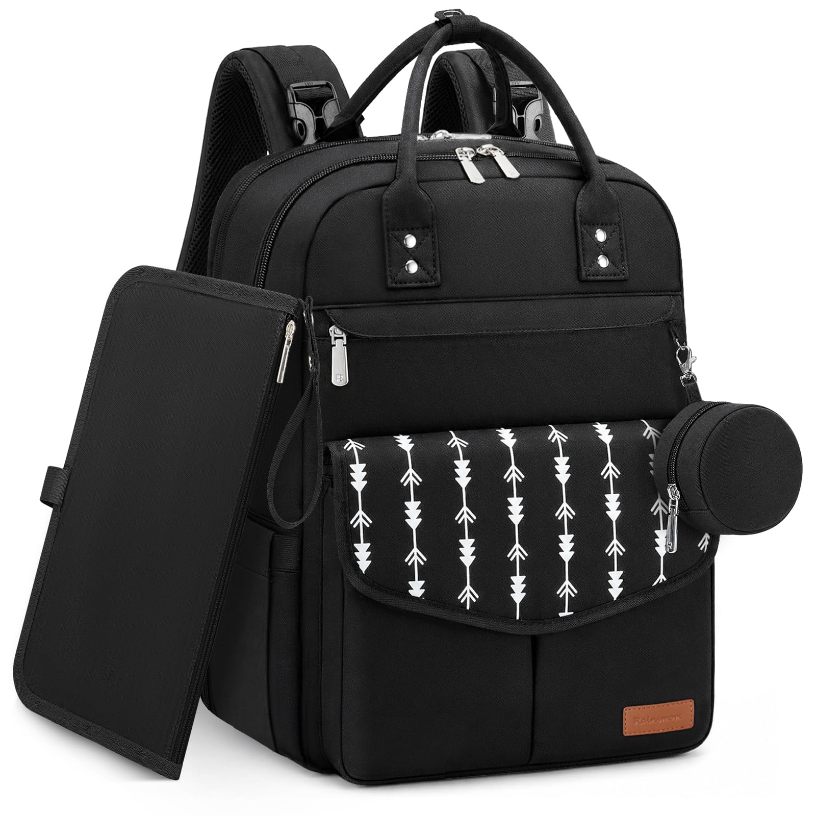 RAINSMORE Sac à dos à langer bébé avec tapis à langer grand sac à langer | Sac à langer imperméable avec boîte à tétine poche isotherme accès au biberon d'une seule main et sangles poussette intégrées