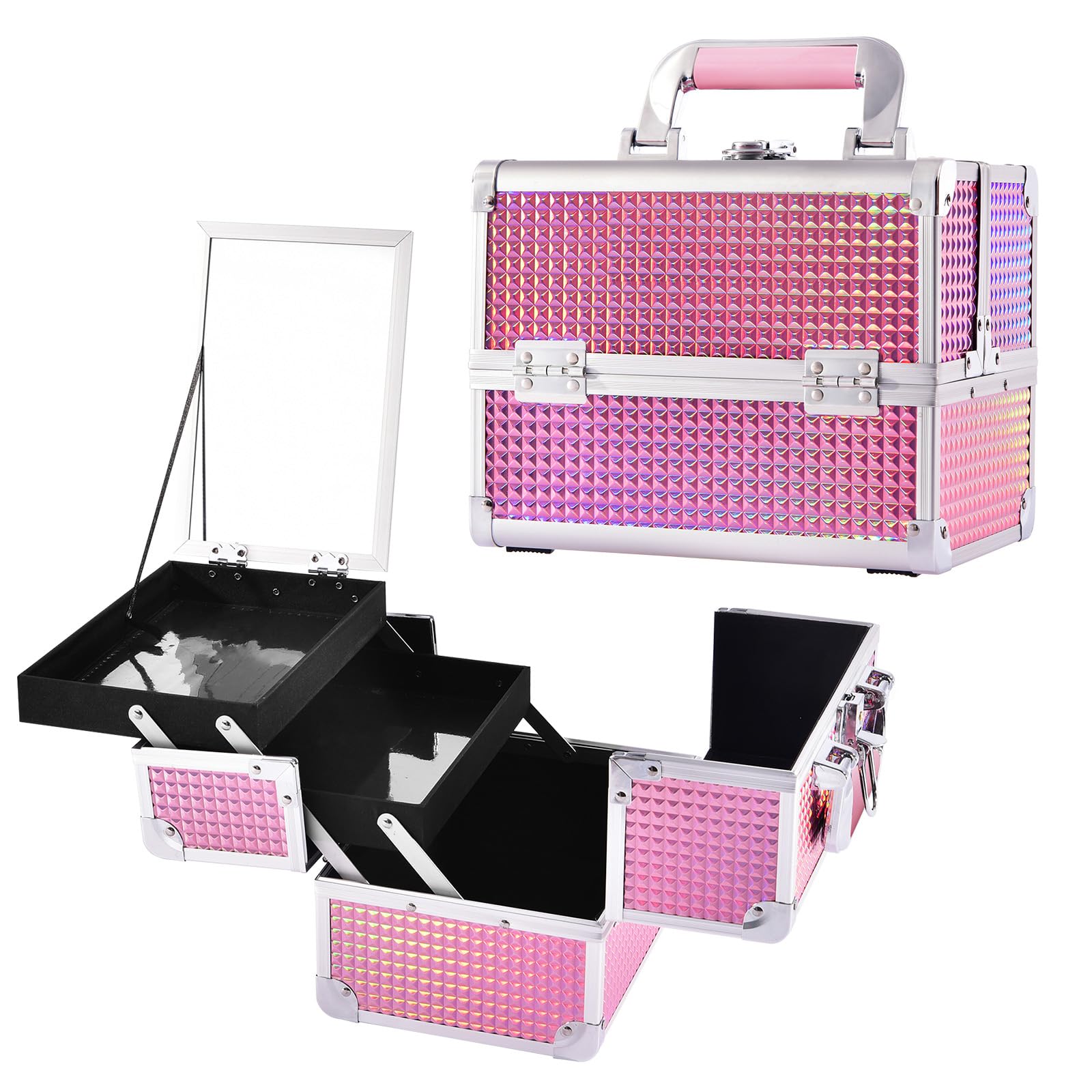 Joligrace Vanity Case Makeup Box Nail Polish Organiser Beauty Storage Make Up Organiser Jewellery Box with Mirror, Lockable with Keys, Holographic Pink