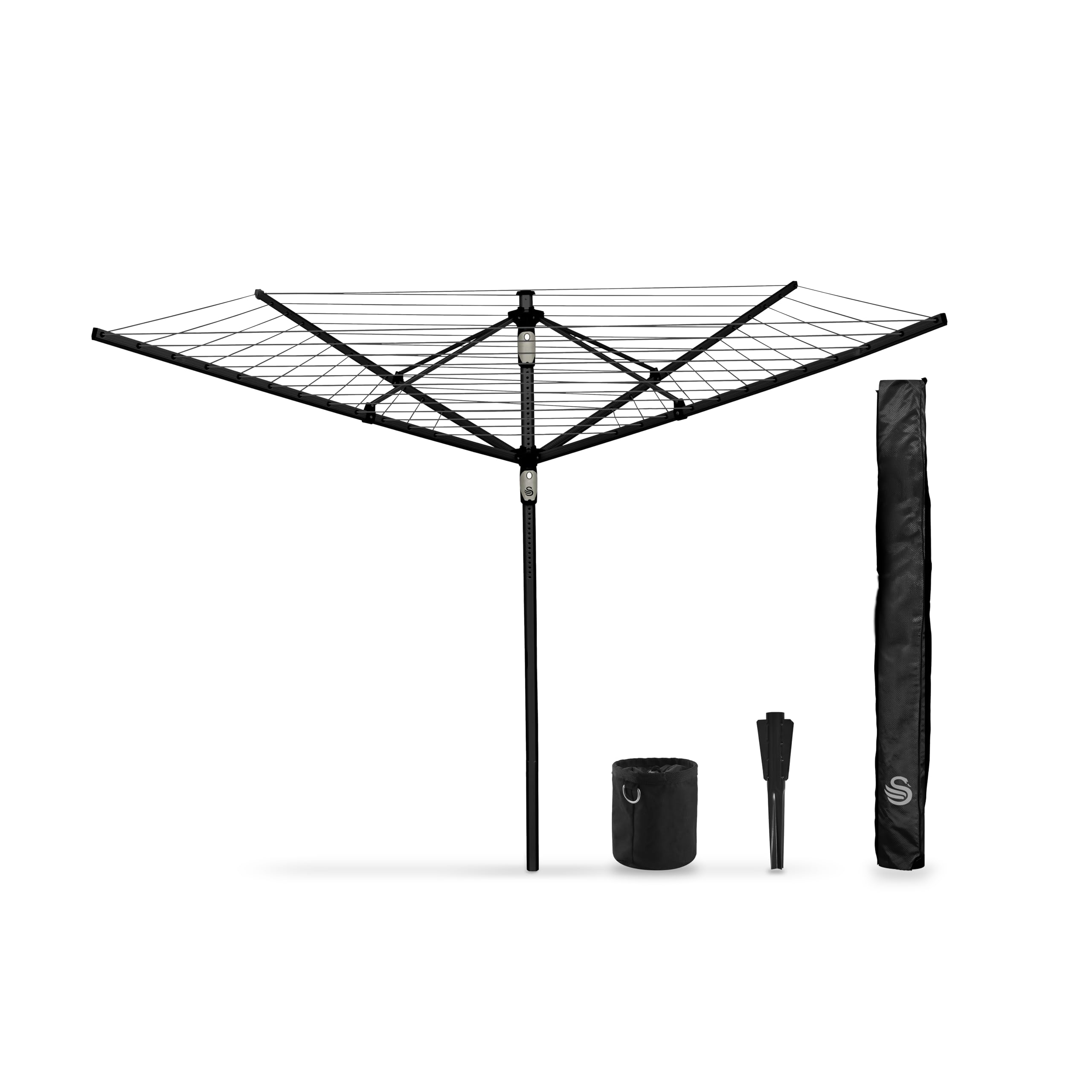 Swan Stealth 60m Rotary Airer with Adjustable Height, Steel Metal Ground Spike, Premium Zip Cover and Peg Bag with Carabiner, Aluminium Construction, Matt Black Finish, SWLC1005BLKN