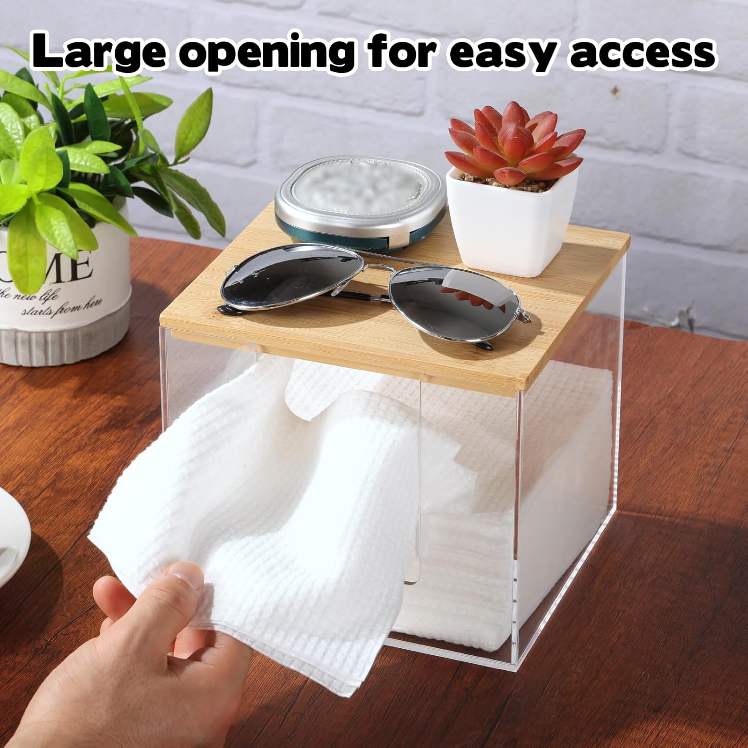 Rainmae Disposable Face Towel Holder, Acrylic Cosmetic Facial Towel Storage Box for XL Clean Skin Club, Upgrade Tissue Holder with Bamboo Lid Towel Organizer Container for Bathroom Vanity Countertop - Image 3