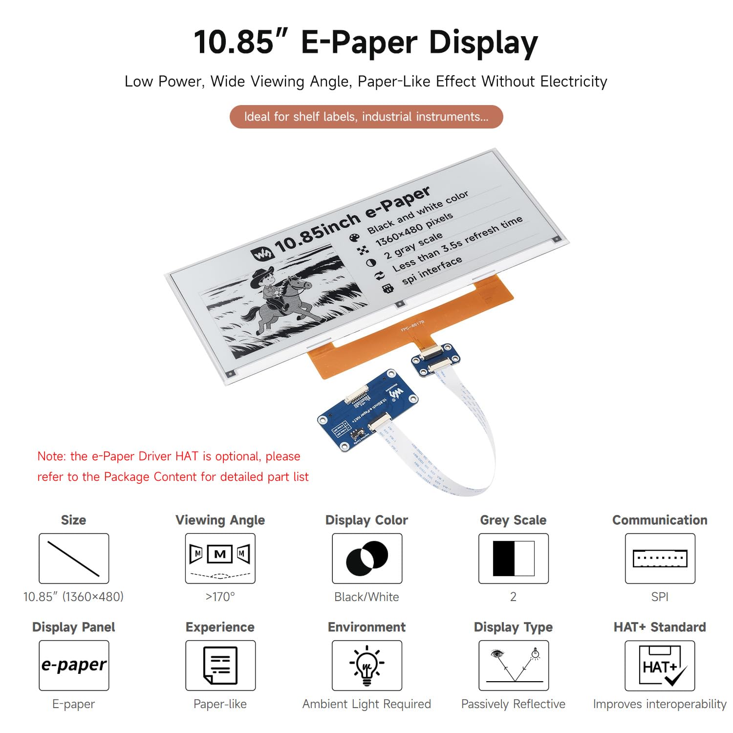 Waveshare 10.85inch e-Paper Display, Compatible with Raspberry Pi 5/4B/3B/Zero/Zero W/Zero 2W/Pico/Pico W/Pico WH, E-Ink Display, 1360 × 480, Black/White, SPI Interface, with Driver Board